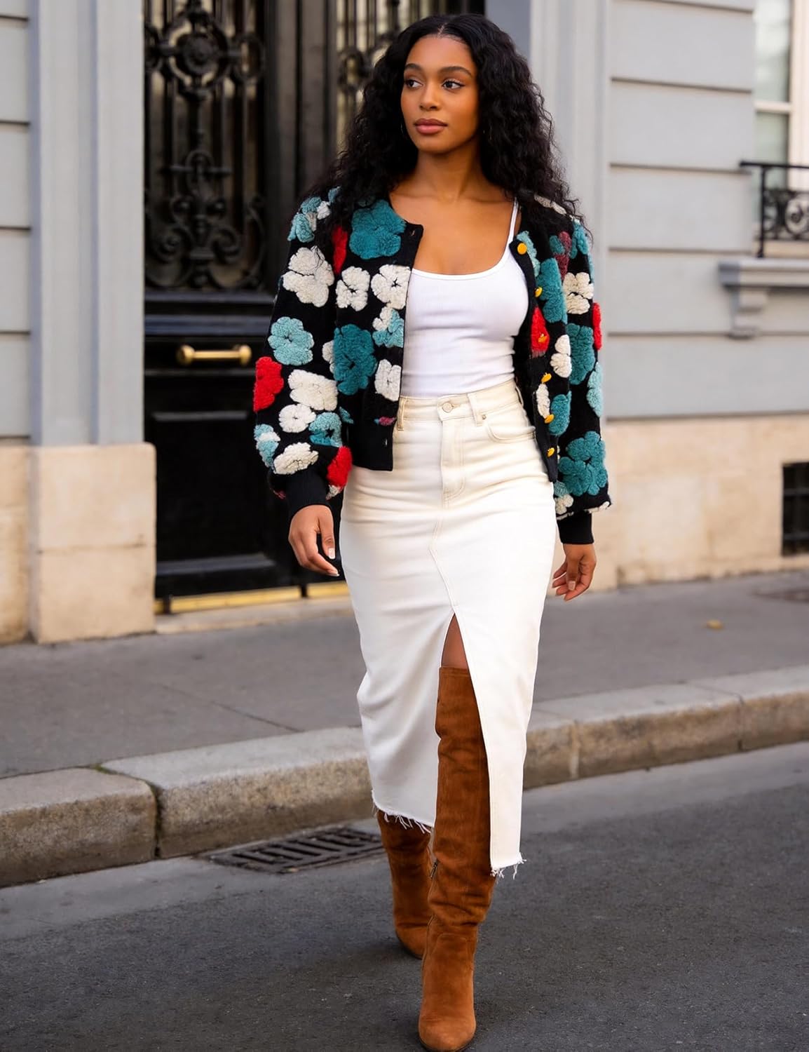 Flygo Women's Cropped Floral Print Bomber Jacket Warm Fleece Varsity Jacket Casual Button Down Puff Sleeve Coat Outerwear - Image 5