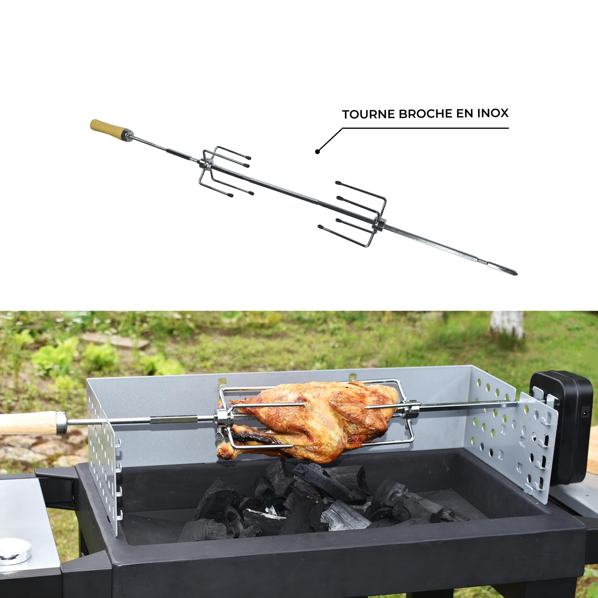 Cook’in Garden - Broche de Barbecue, Longueur 85 cm, Compatible avec Moteur Tournebroche AC084, Accessoire Résistant pour Viande et Volaille, Idéal Rôtisserie Barbecue