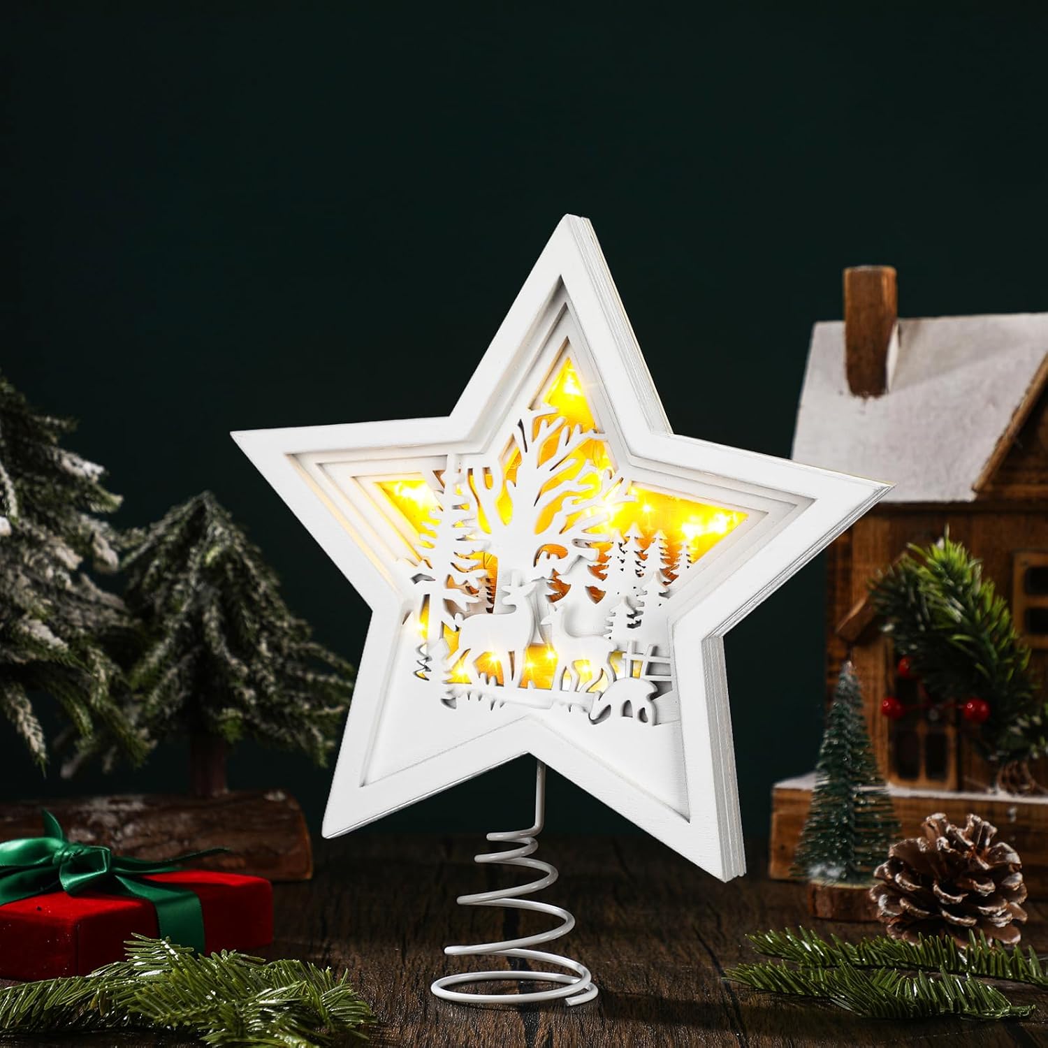 Beeveer Christmas Reindeer Tree Topper Lighted Wooden Rustic Star Wonderland Decor White Hollow Bethlehem Star Deer Forest LED 3D Ornament for Tree Christmas Indoor Decoration, 10 x 8.7 Inch