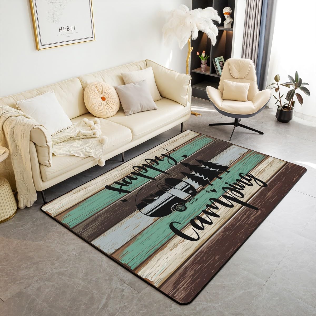 Castle Fairy Camping Rustic Area Rug 3'x5' Wild Trees Cartoon RV Decor Non Slip Rug for Kids Teens Adults Retro Green Brown Stripes Western Style Indoor Floor Mat for Bedroom Office
