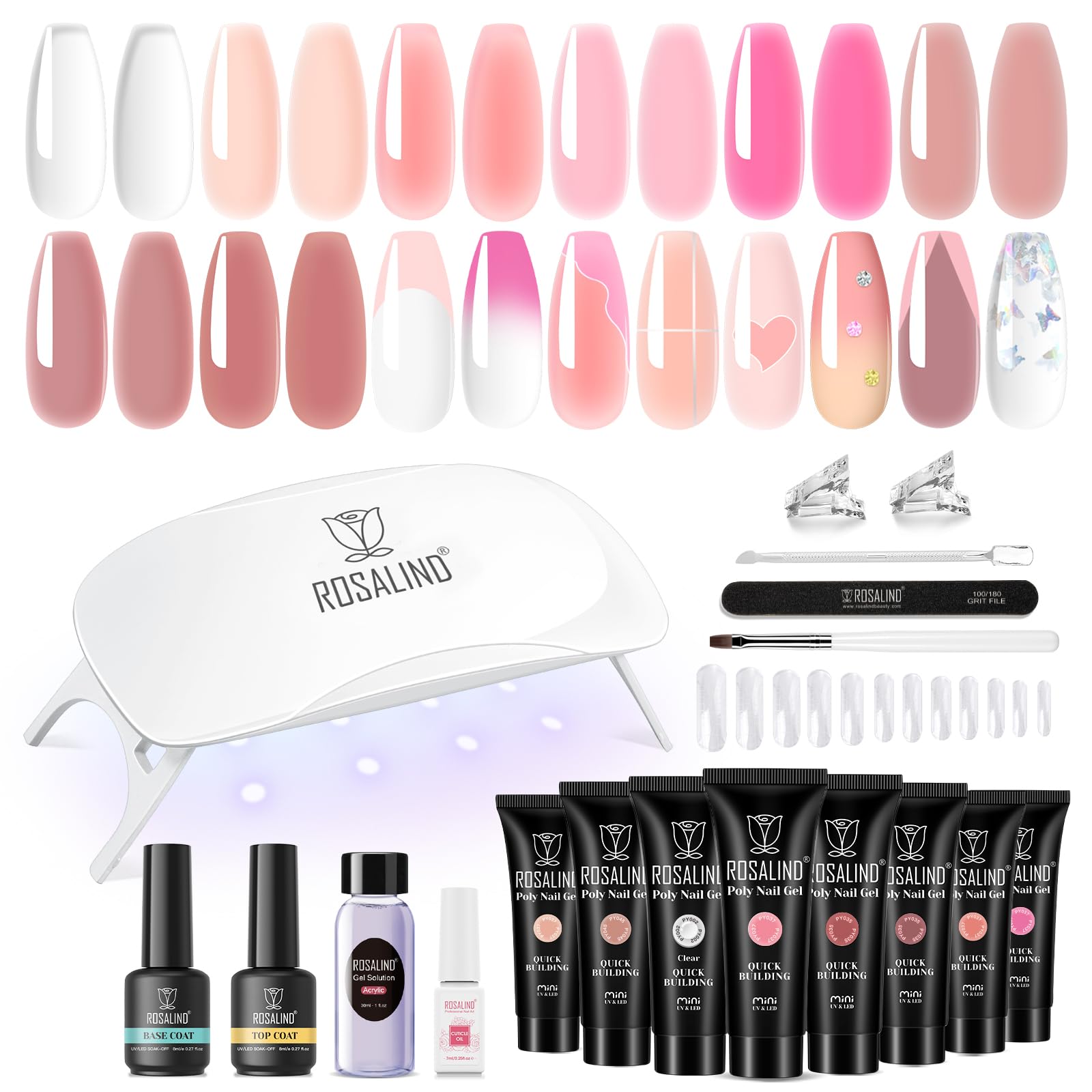 ROSALIND Gel Unghie Ricostruzione Kit Completo, 8pcs 10ml Poligel con Base & Top Coat, Lampada UV e Strumenti, per Fai Da Te a Casa, Professionale Salone, Kit Unghie Gel Nail Art
