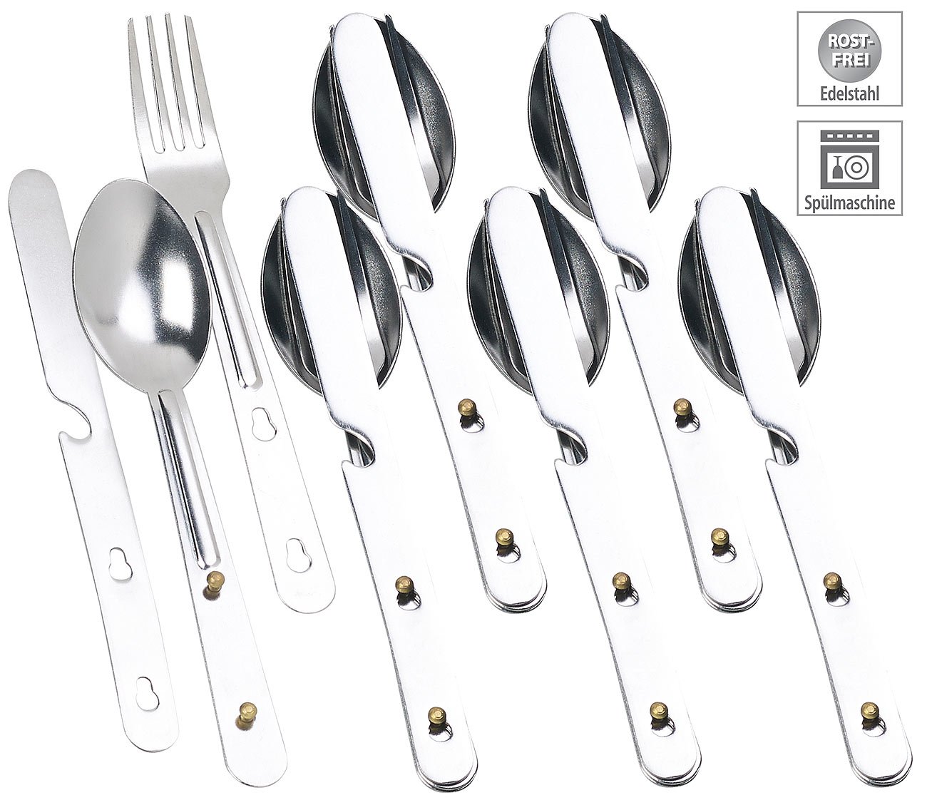 Semptec Urban Survival Technology Messer-Löffel-Gabel-Sets: 18-teiliges Edelstahl-Camping-Besteck mit Gabel, Löffel & Messer (Besteck-Reiseset, Reise-Sets)