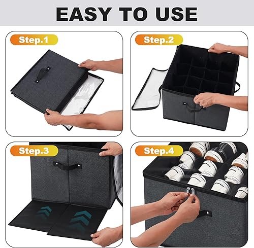 Miniatura 7 de Mayniu Paquete de 2 organizadores de zapatos, se adapta a 32 pares, cajas grandes de almacenamiento de zapatos con asas reforzadas, organizador de