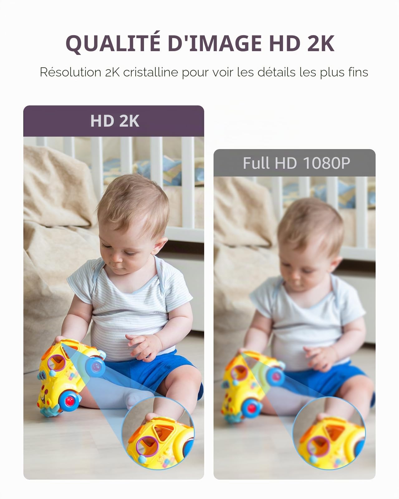 Comfyer Babyphone avec caméra 2K, Fonction Vox, capteur de température, Vision Nocturne, vidéo, 2,4 GHz, Veille Intelligente, interphone, berceuses, Longue durée de Vie de la Batterie