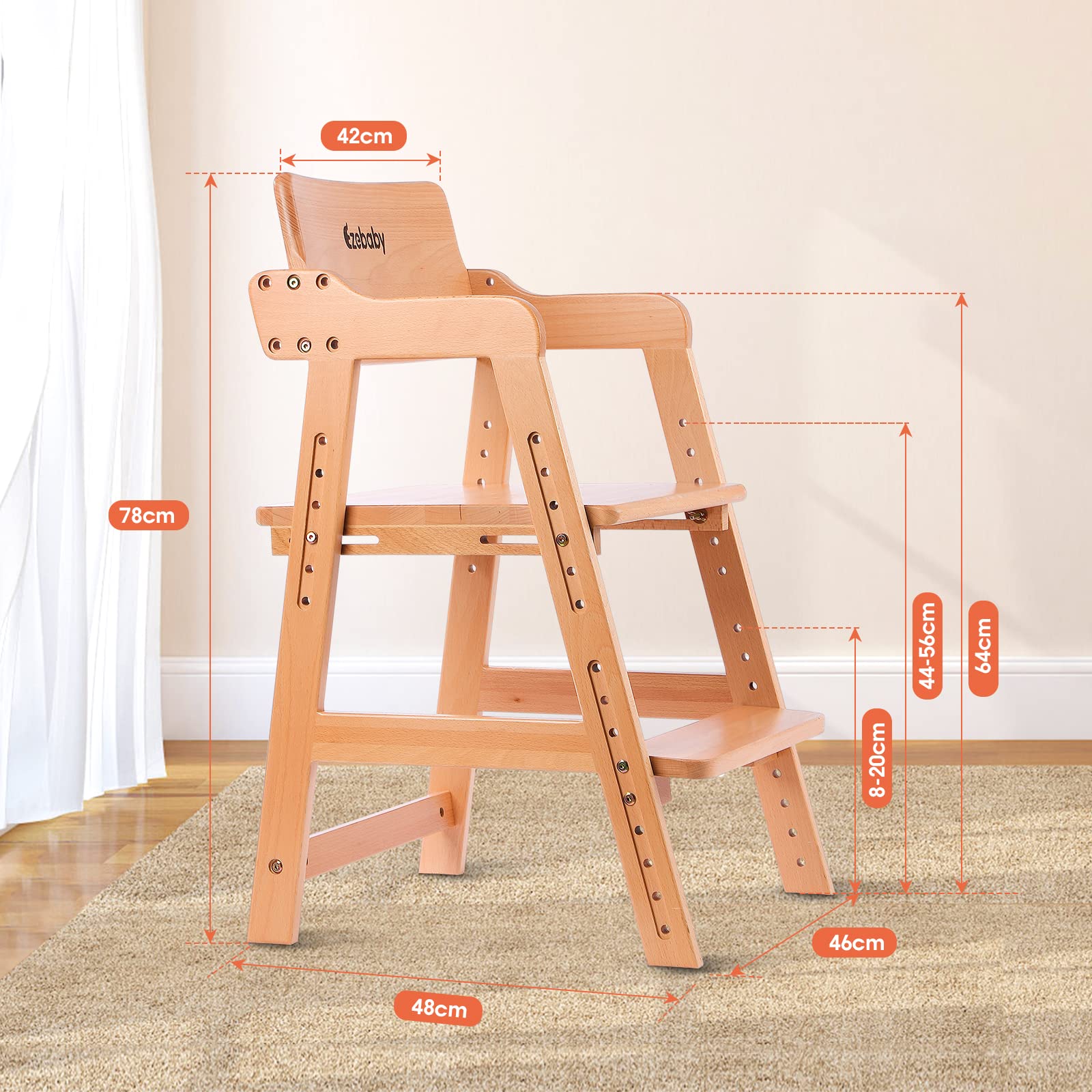 Ezebaby Seggiolone, sedia per bambini, in legno di faggio, regolabile in altezza, stabile e sicura, fino a 90 kg, per bambini e adulti