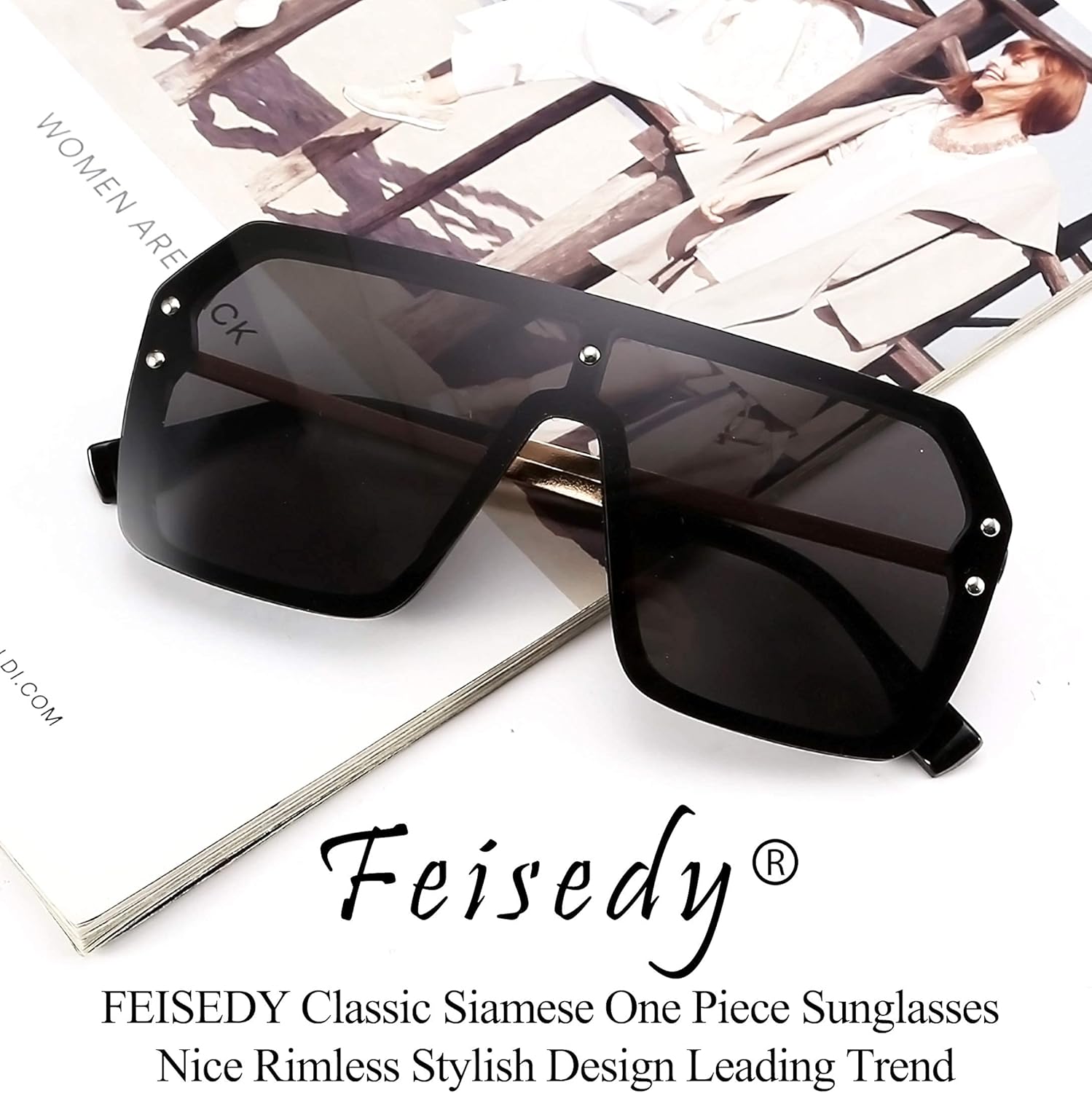 FEISEDY Classic Siamese One Piece Sunglasses Trendy Square Rimless for Women Men