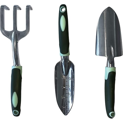 Typhon East Garden Tool Set - Stainless Steel Gardening Tools - Includes Trowel - Transplant Trowel & Hand Rake -Rubberized Handles - Gardening Gifts for Women and Men - (Set 3 Piece)