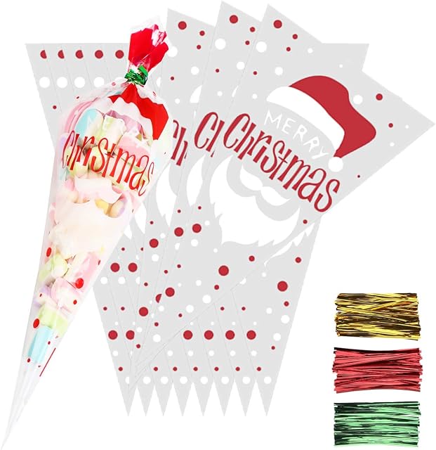 SULOLI Christmas Sweet Cone Bags,100 Pieces Clear Cellophane Cookies Treat Bags with 150 Twist Ties for Christmas Party Supplies