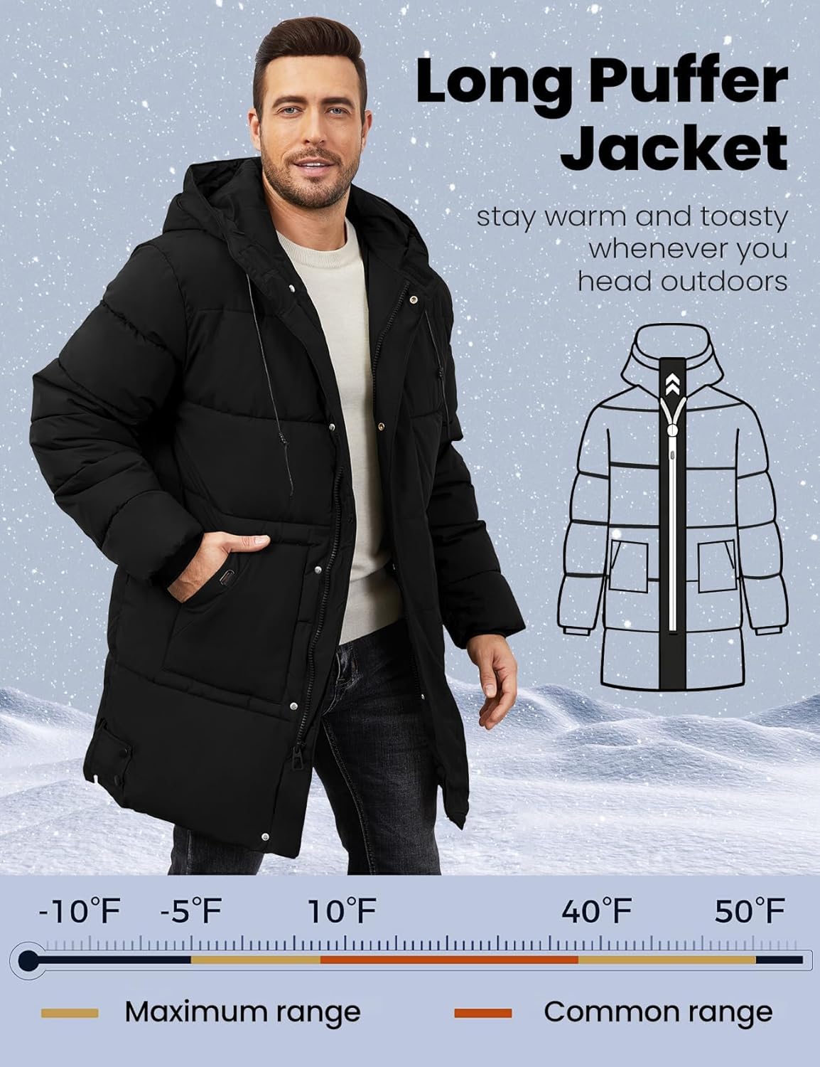 Gihuo Mens Long Puffer Jacket Winter Warm Hooded Outerwear Quilted Jacket Zip Up Padded Coats Outerwear - Image 5