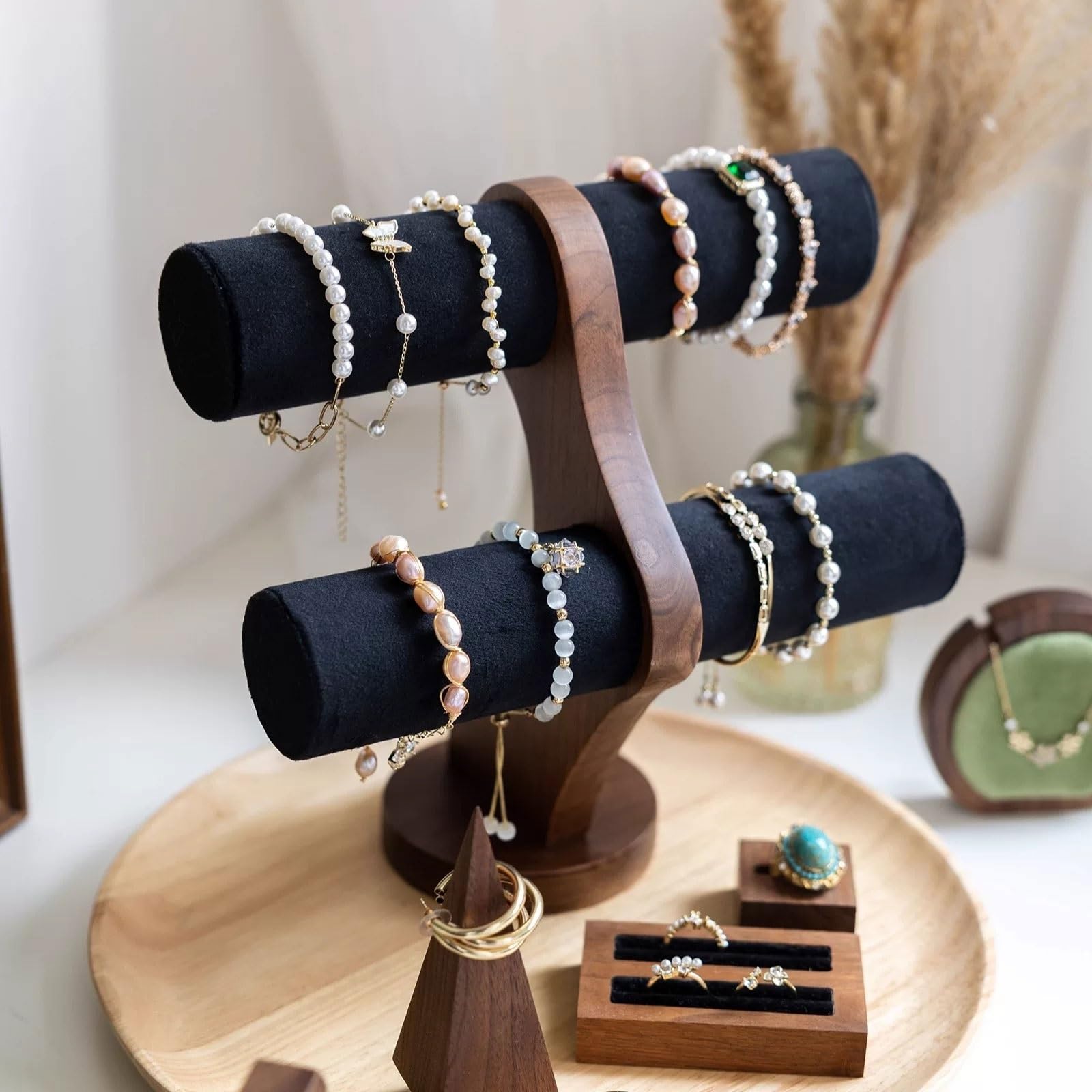 Uchwyt na biżuterię 2 Tier T-Bar Wooden Velvet Bangle Bracelet Stand(Czarny)
