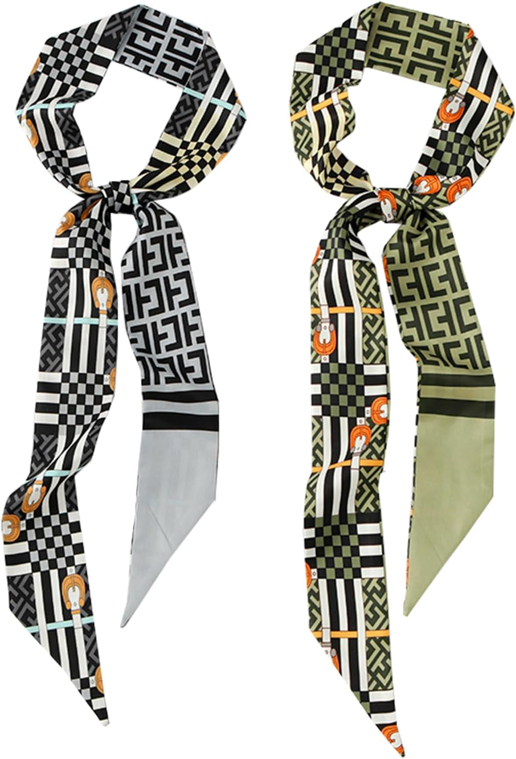 2 Pack Silk Purse Scarf For Handbags Head Hair Ribbon Fashion Skinny Scarf For Women Long Neckerchief