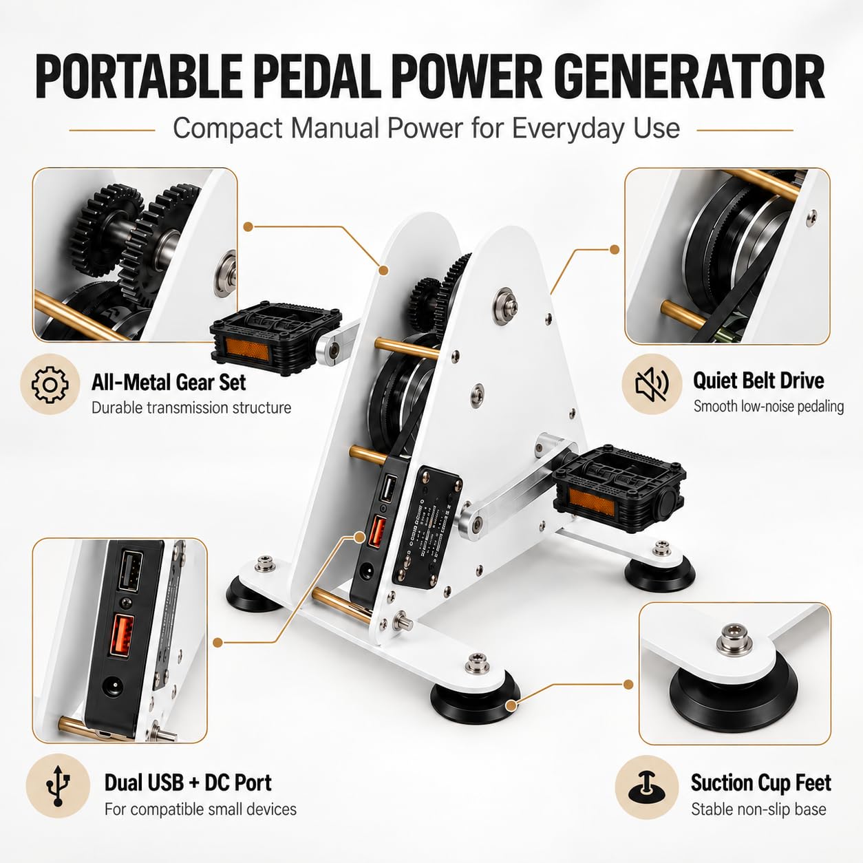Generador a pedales 50W/100W con engranajes metálicos y correa motriz 50W
