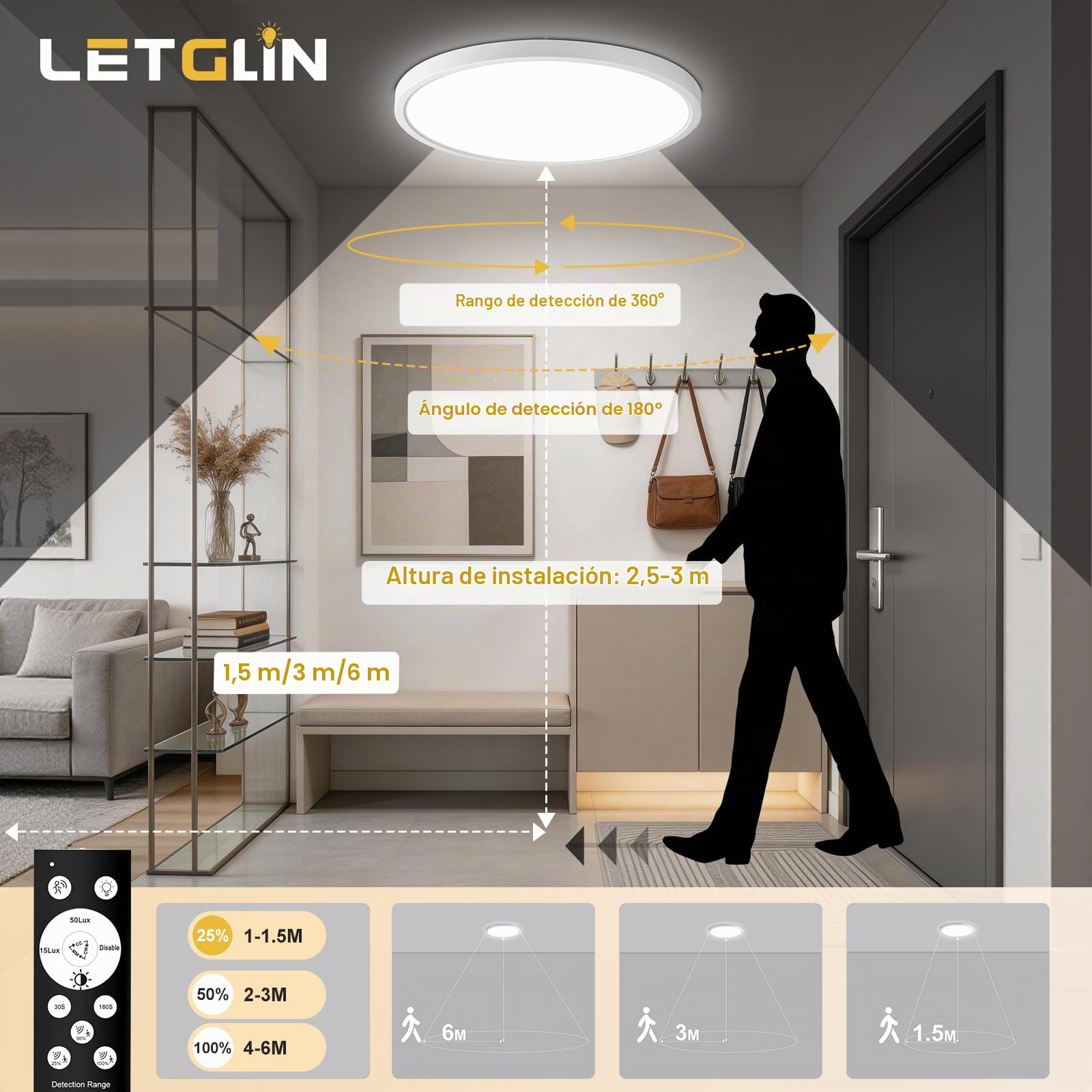 28W Plafon con Sensor de Movimiento, 2800LM Lampara LED Techo con Control Remoto, 3000K/4000K/6000K Luces Sensor Crepuscular, IP54 Luz Led Techo Baño para Cocina Pasillo Sótano Balcón, 30cm