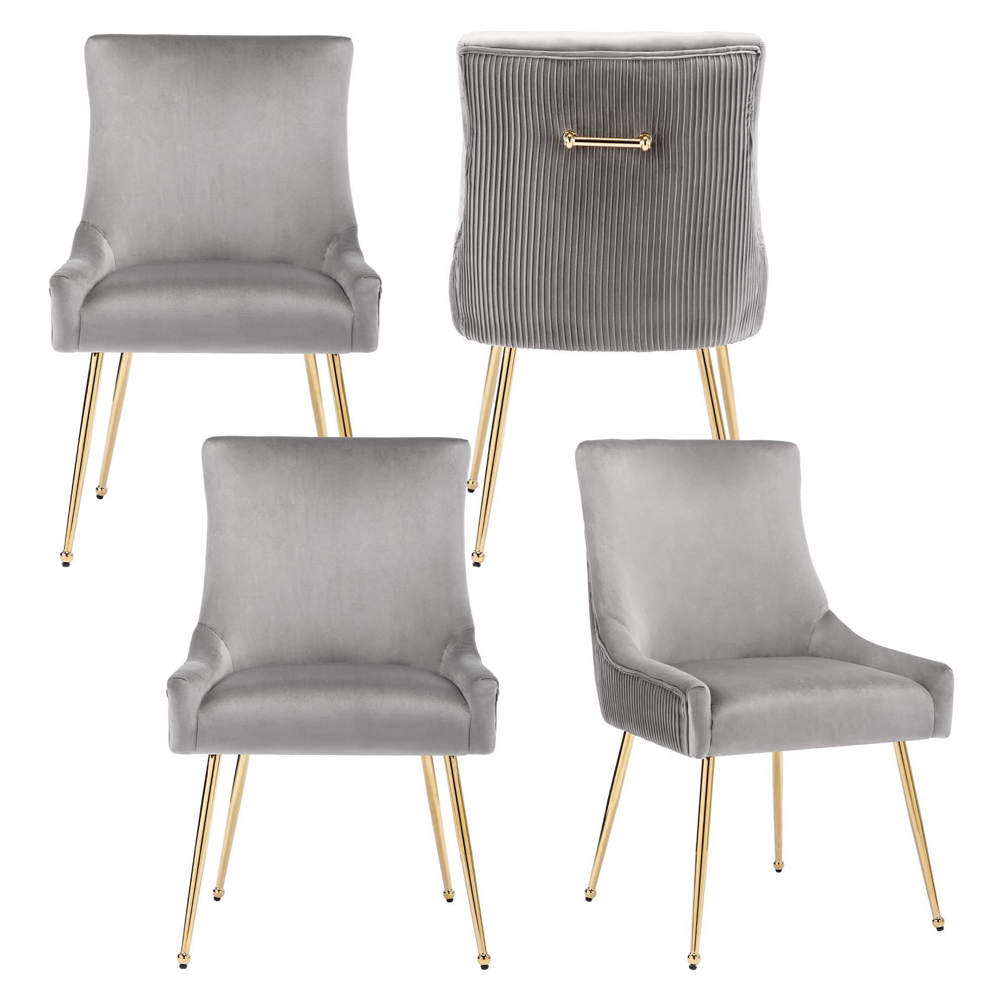 adochr Velvet Dining Chairs Set of 4, Modern Upholstered Kitchen Chair with Pull Handle & Pleated Back, Mid Century Accent Chair with Gold Metal Legs