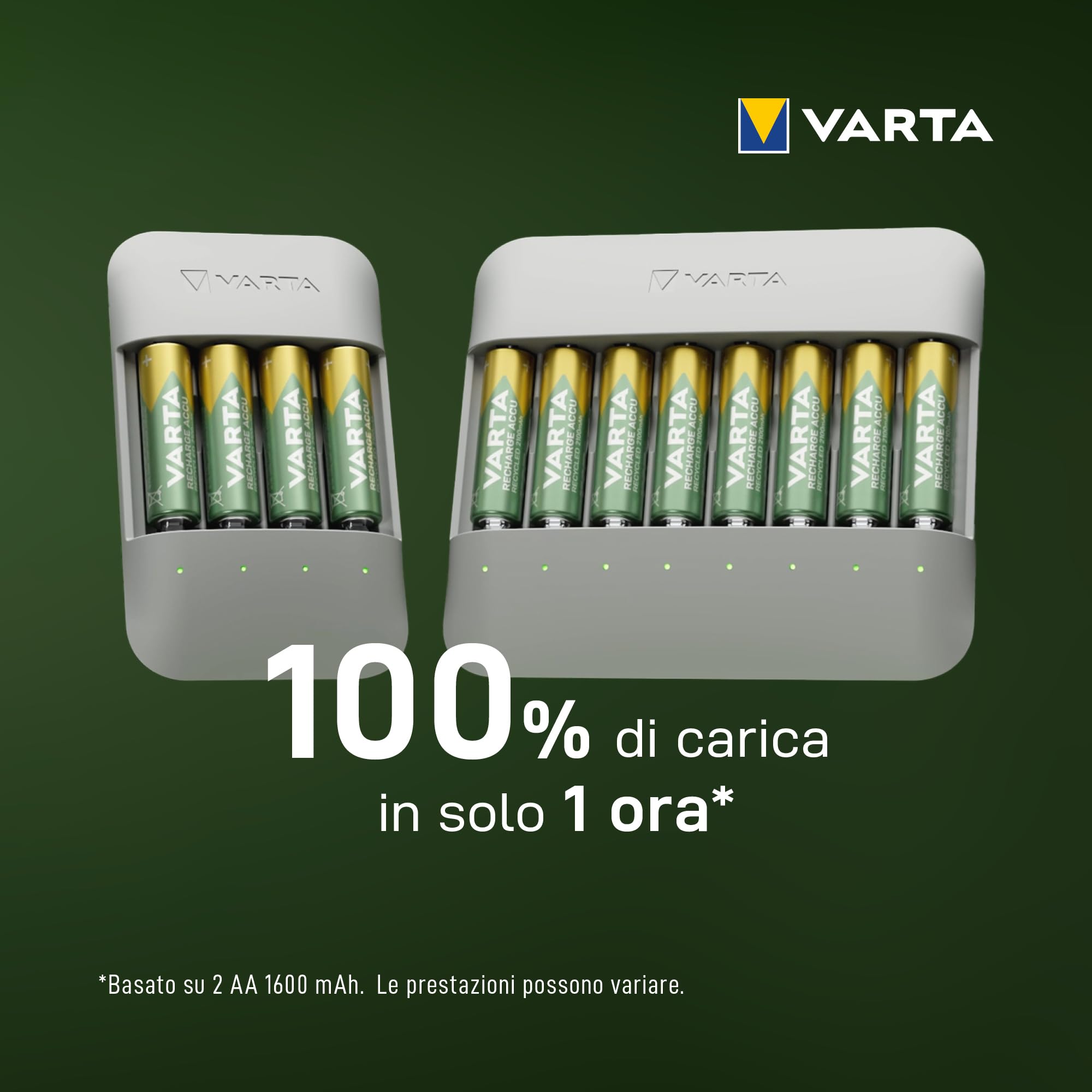 VARTA Caricabatterie per 8 AA/AAA, Eco Charger Multi Recycled | per pile ricaricabili NiMH, 75 % di materiale riciclato, Incl. 8x AAA 2100 mAh