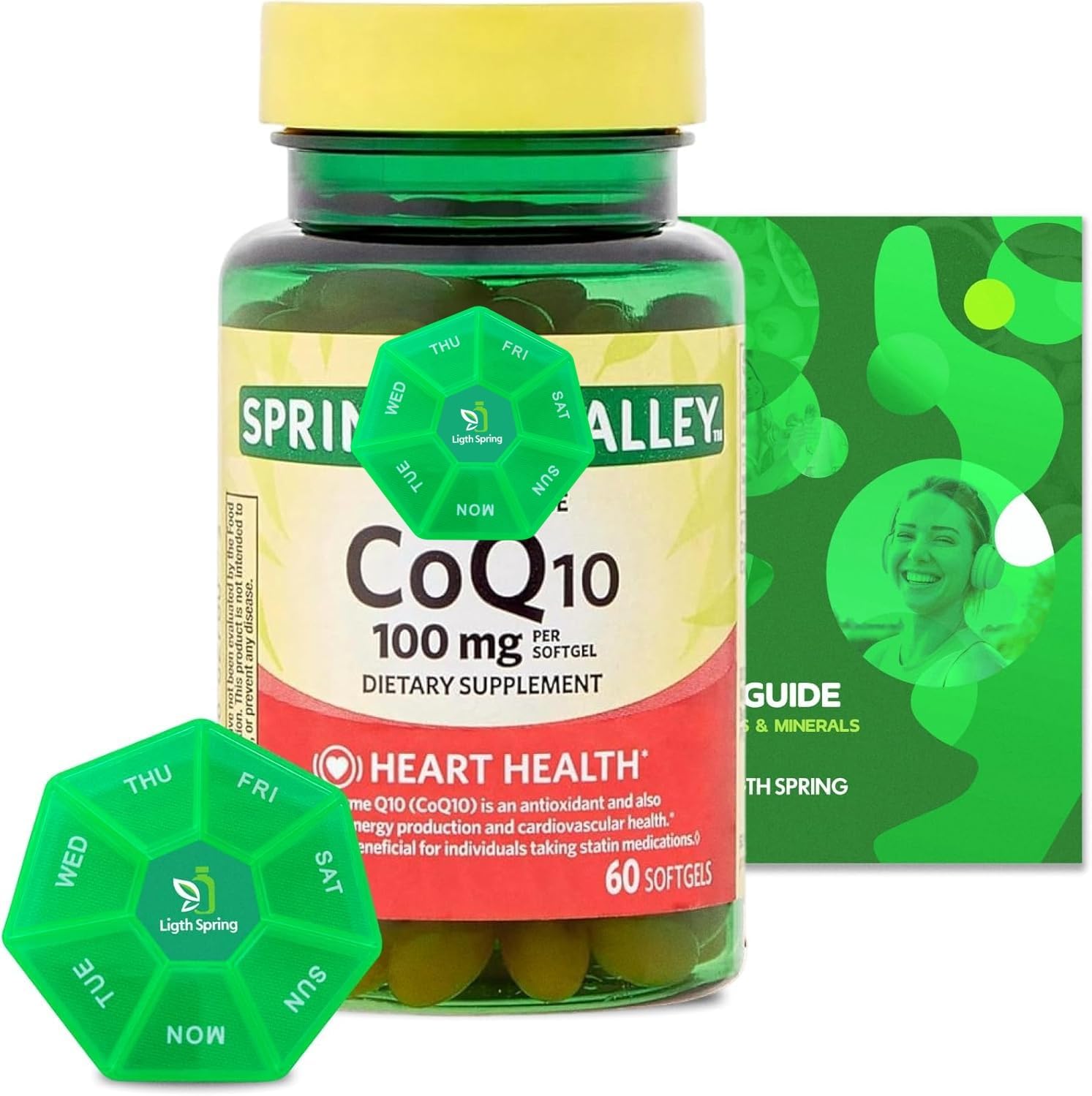 Rapid-Release CoQ10 100 mg, 60 Softgels with Bundle Exclusive Vitamins & Minerals - A to Z - Better Ligth&Spring Guide + Weekly Pill Organizer (3 Items)