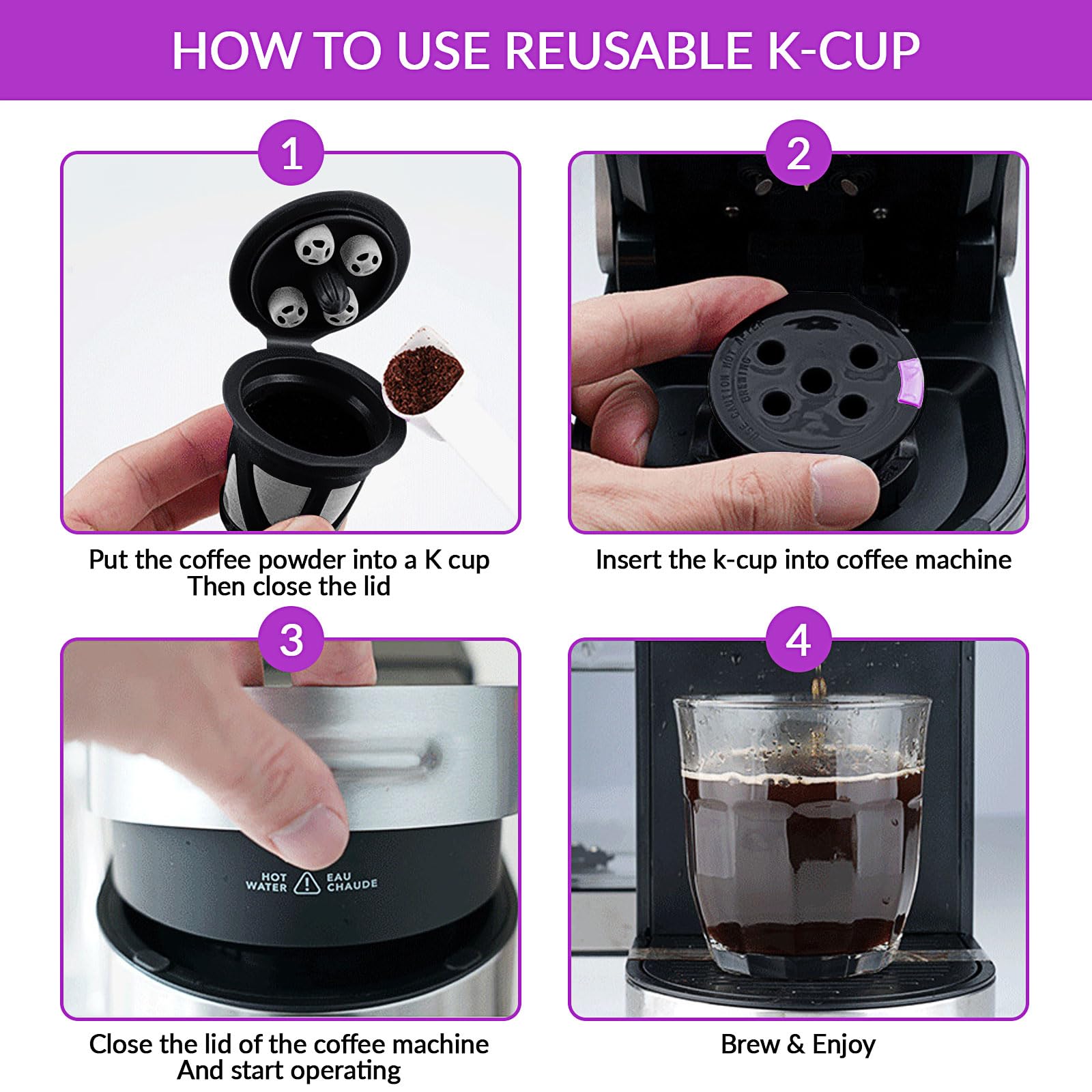 Filtros reutilizables de acero inoxidable, paquete de 4 tazas K de malla con cuchara y cepillo, accesorios de café ecológicos para elaboración casera