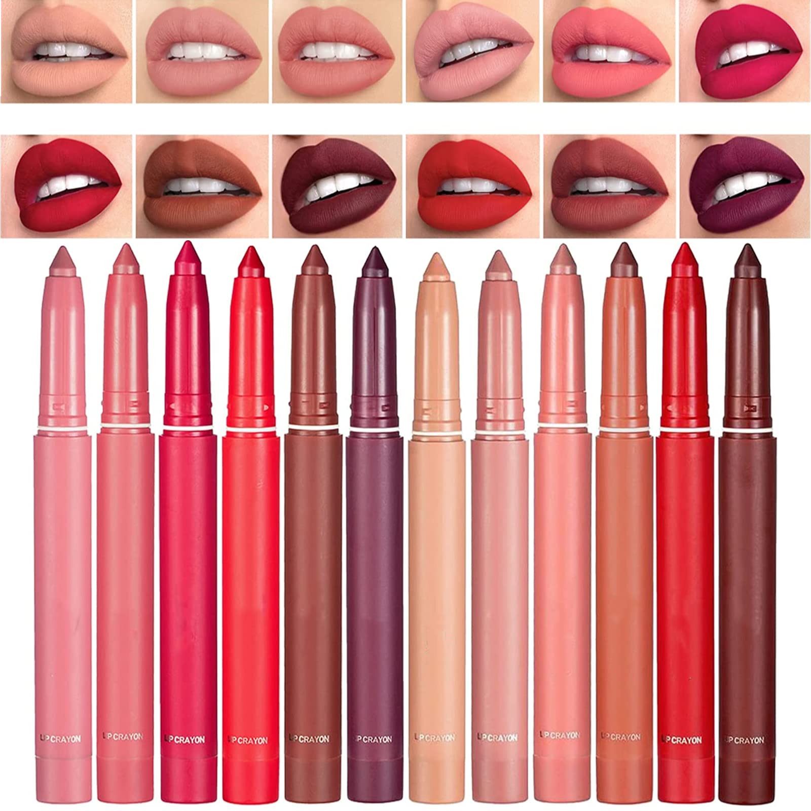 12 Color Rotating Sharpenable Matte Lipstick Pencils,Waterproof Lasting Wear Hydrating Smudge Resistant Velvety Feel Lipstick,For All Skin