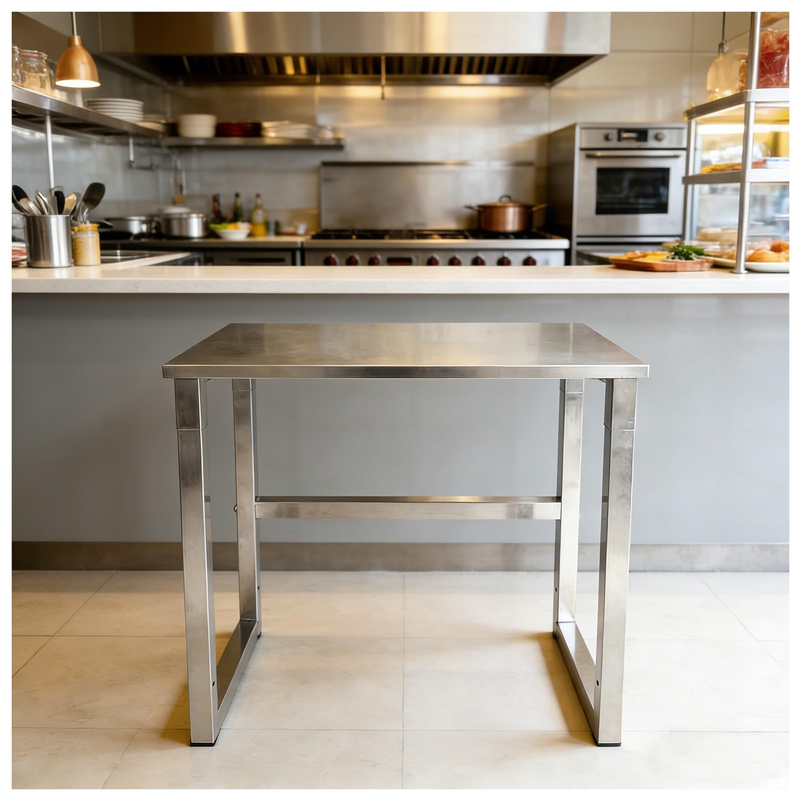Banco de trabajo de acero inoxidable con almohadillas antideslizantes, vigas transversales reforzadas, capacidad de carga de 400 kg, mesa de trabajo de cocina de un solo nivel para hoteles y garajes