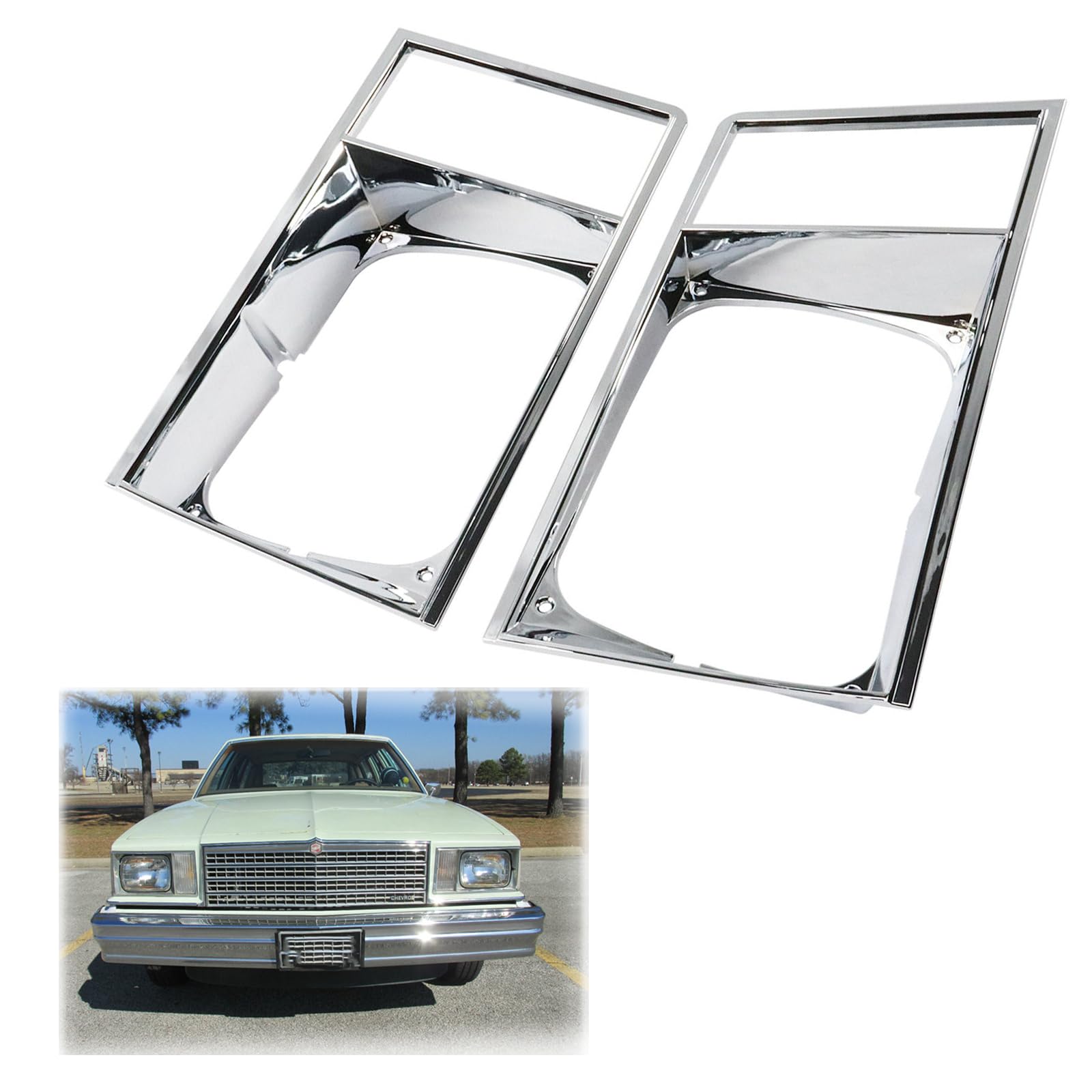 LOSTAR 2PCS Headlight Bezel Assembly Set Compatible with 1978-1979 Ch-evy Malibu El Camino Caballero, Chrome Headlamp Trim for Driver and Passenger Side Replaces GM463531 GM463532