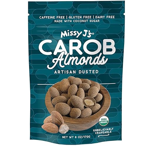 Miniatura 2 de Missy J's Almendras orgánicas cubiertas de algarroba de 6 onzas, paquete de 3  Hecho de algarroba con azúcar de coco, vegano y sin gluten  Sustituto