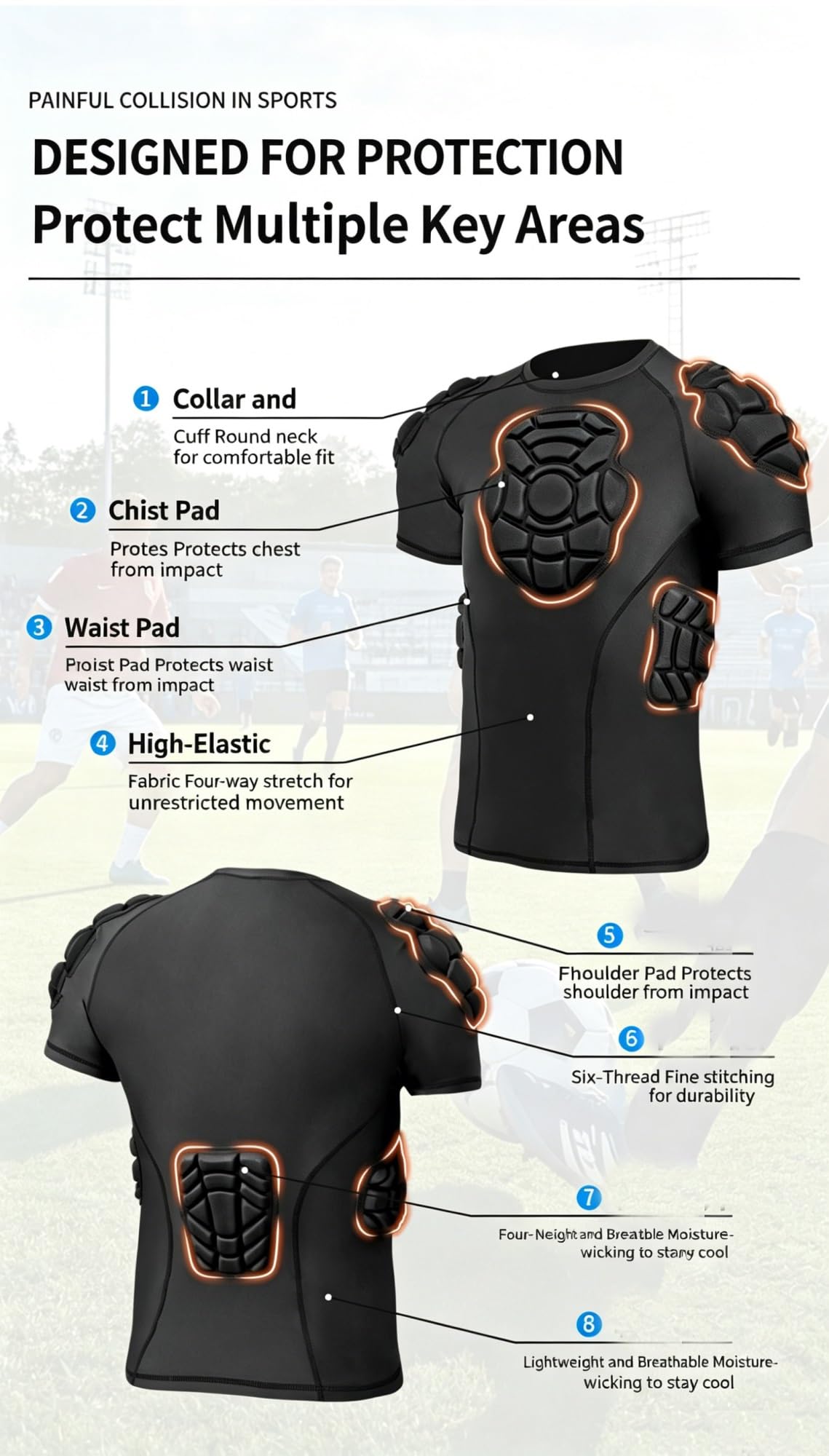 Genérico Camiseta Portero Protección y Ropa Compresión Hombre con Espuma EVA - Equipo Antiimpactos para Fútbol Rugby Baloncesto