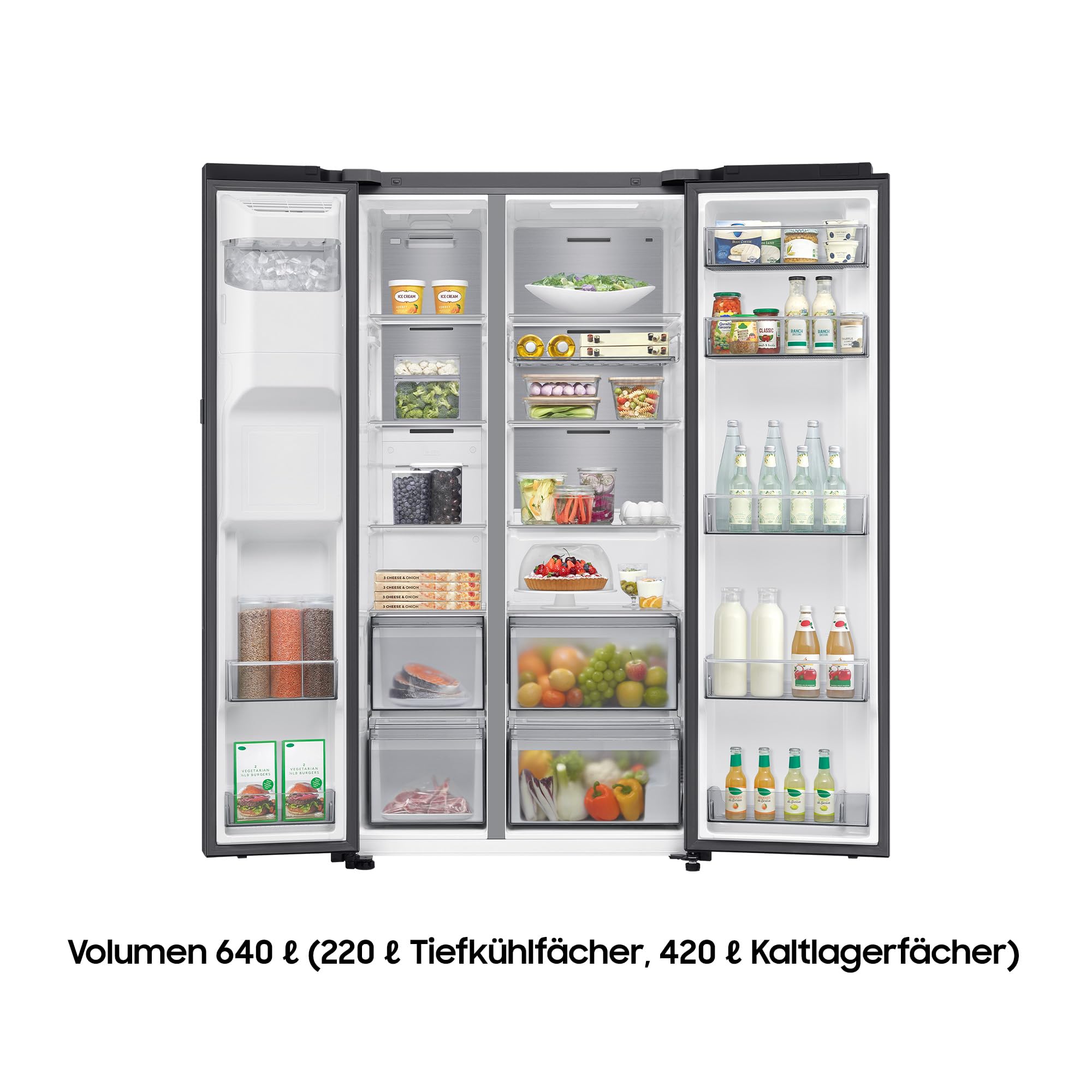 Samsung RS80F64KEFEF Side-by-Side Kühl-Gefrierkombination, AI Kühlschrank mit Gefrierfach, 178,4 cm, 640 l, Eis-/Wasserspender mit Festwasseranschluss, AI Voice Control & Energy Mode, Black Steel