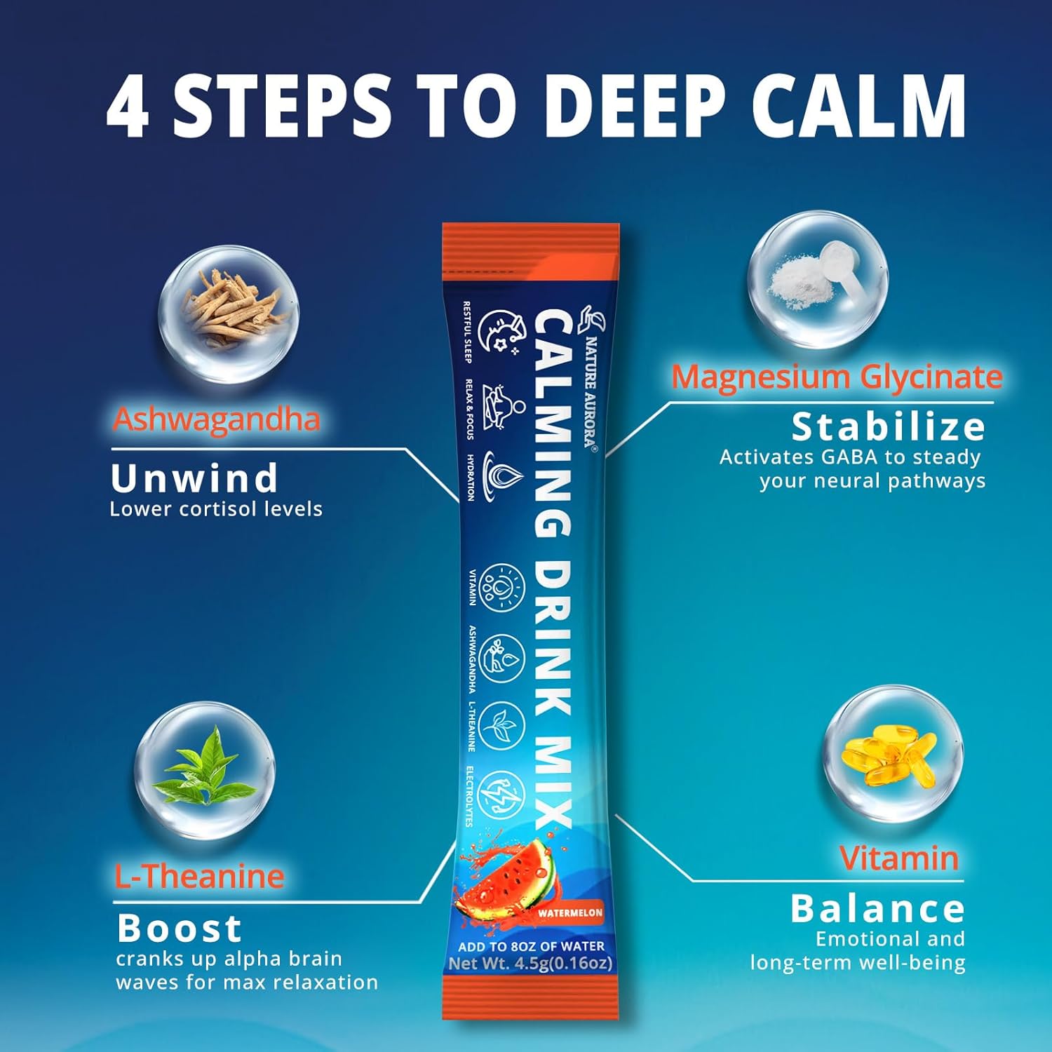 Cortisol Powdered Drink Mix Calm, Adaptogenic Drink Mix with Magnesium Glycinate, L-Theanine, Ashwagandha, Mushroom & Vitamin, Magnesium Powder for Sleep & Stress Relief, Watermelon Flavor, 30 Packets