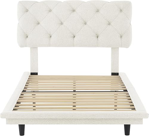 Miniatura 125 de Base de cama flotante tamaño Queen con luces LED y carga USB, marco de cama LED de plataforma tapizada moderna, no necesita somier (blanco-1)