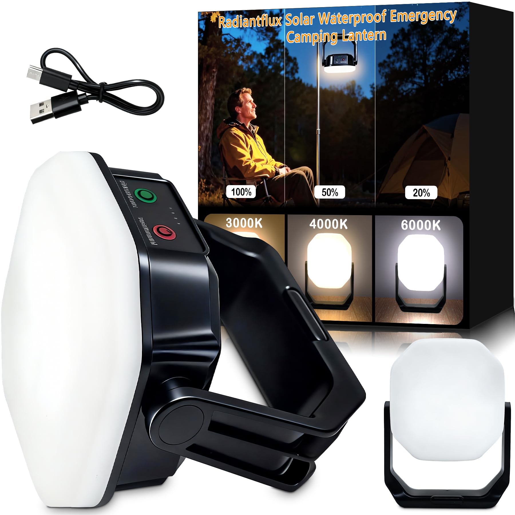 RadiantFlux Lanterna da campeggio a LED solare, sensazione estetica meccanica, luce impermeabile per tenda con 3 modalità di illuminazione, 6600 mAh, 10 ore essenziali da campeggio, torcia portatile