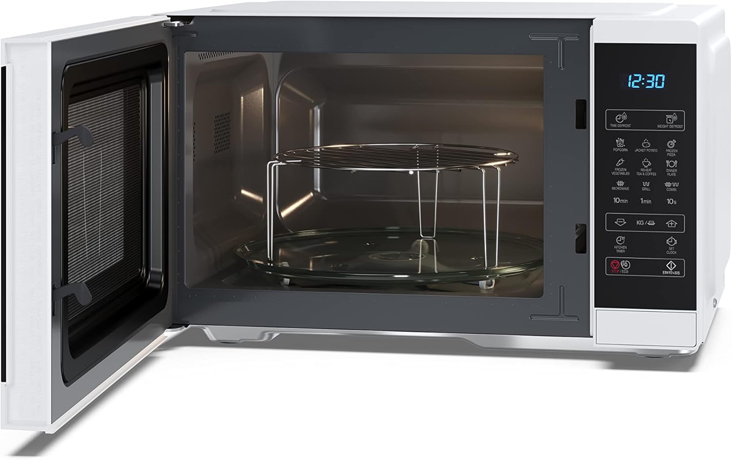 Interjeras view of the SHARP YC-MG252AE-W microwave oven with the door open, showing the glass turntable and metal grill rack.