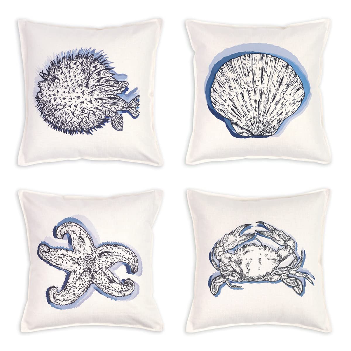 CoolChange Maritime Cushion Cover Set | 4 Pieces | 45 x 45 cm | Linen | White | Motifs: Bubblefish, Shell, Starfish and Crab