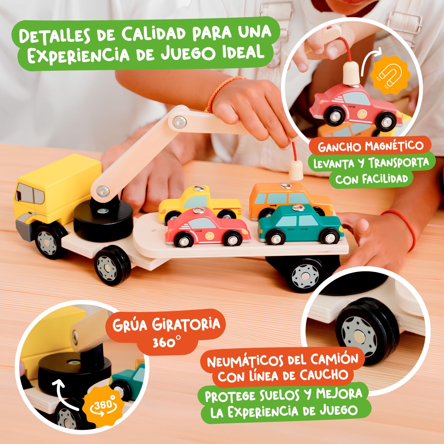 Nene Toys Camión Grúa de Madera con 4 Coches Magnéticos y Remolque Desmontable – Juguete Educativo para Niños 2+ Años – Vehículos Montessori Interactivos – Regalo Niños Niñas 2 3 4 Años