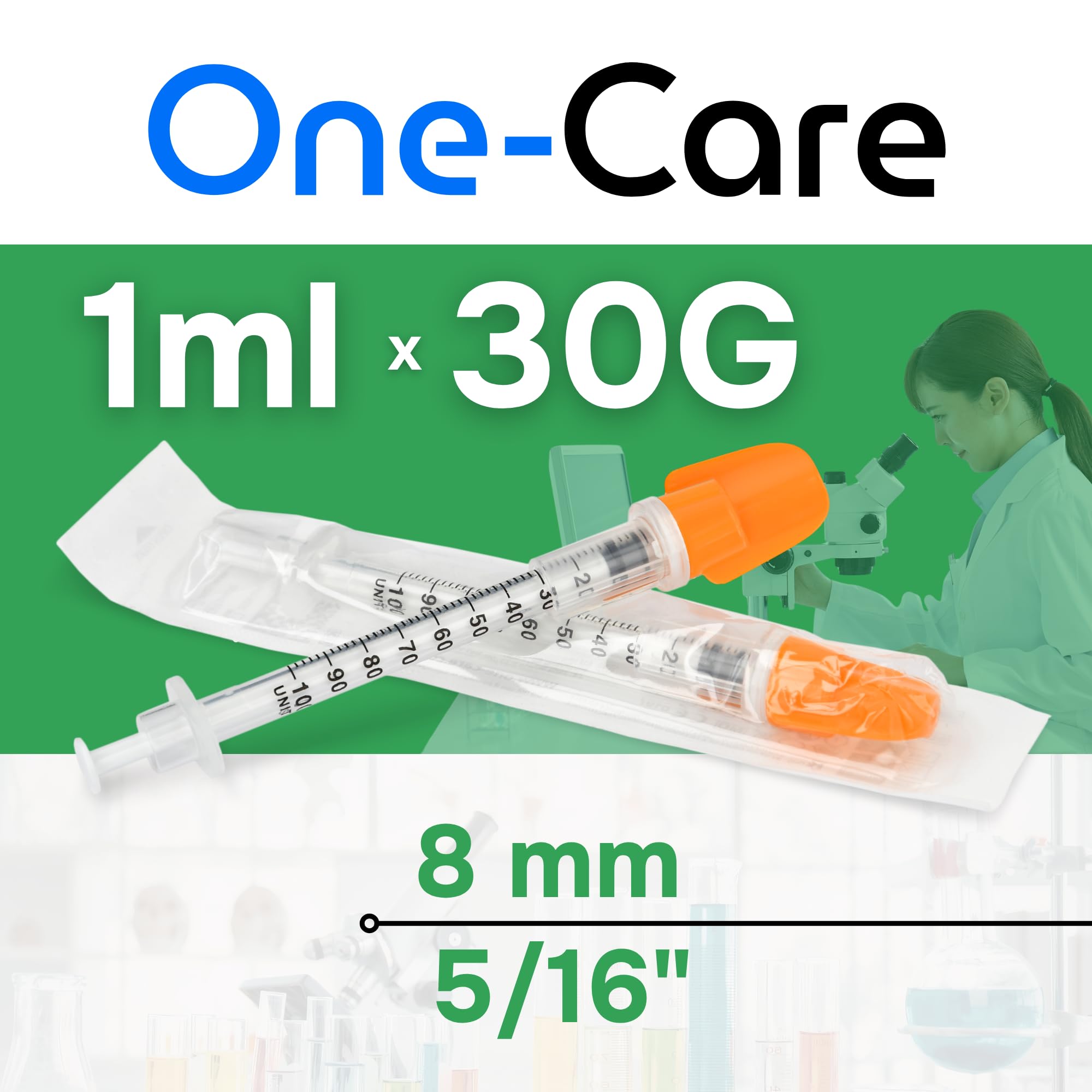 ONE-CARE 100bx 1 ml 30Ga x5/16 8 mm, medición de muestra, empaquetado en ampolla, REF 2146