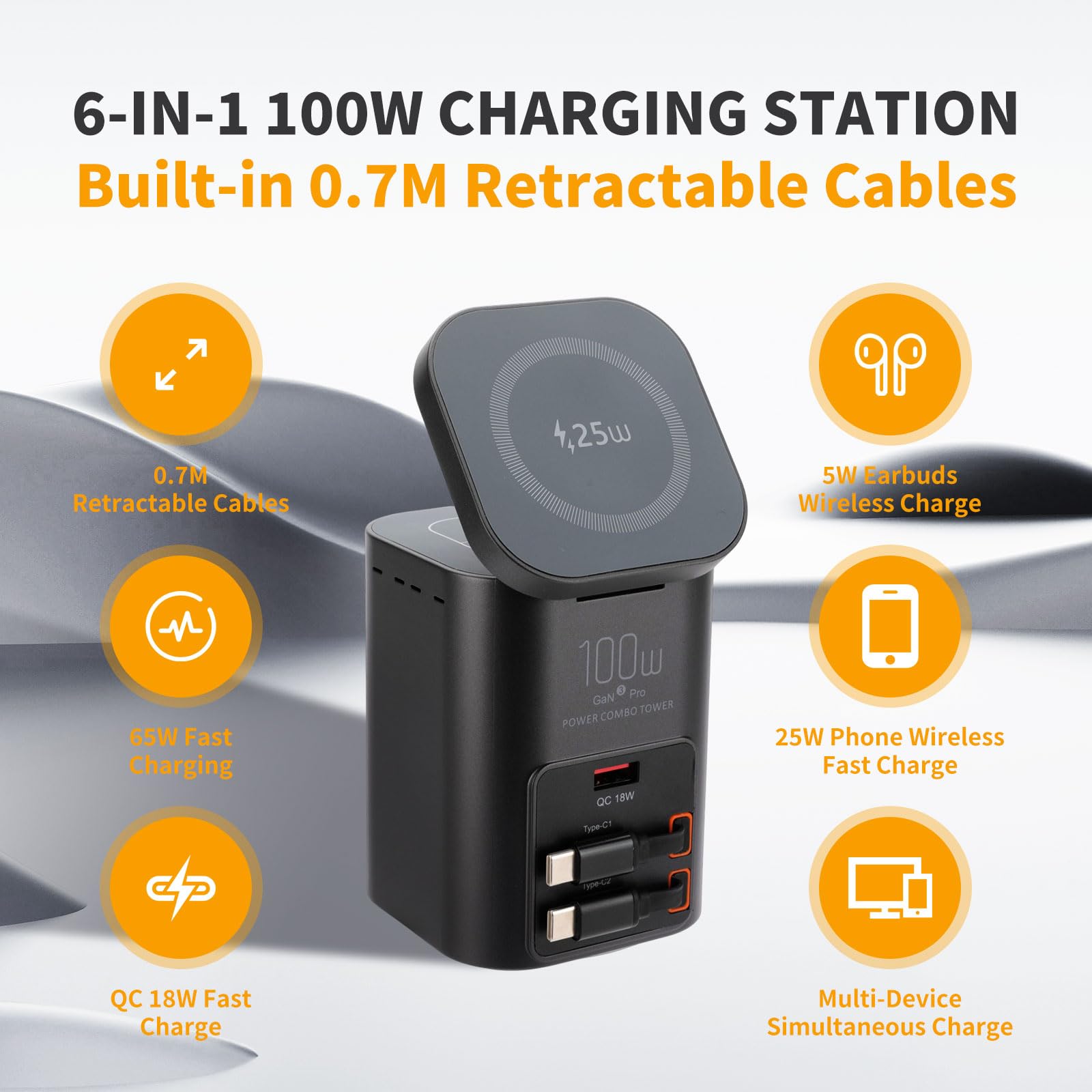 Stazione di ricarica da tavolo multifunzione da 100 W, caricabatterie wireless con doppio cavo USB-C retrattile da 75 cm, USB-A QC3.0, ricarica rapida per laptop, telefoni, auricolari