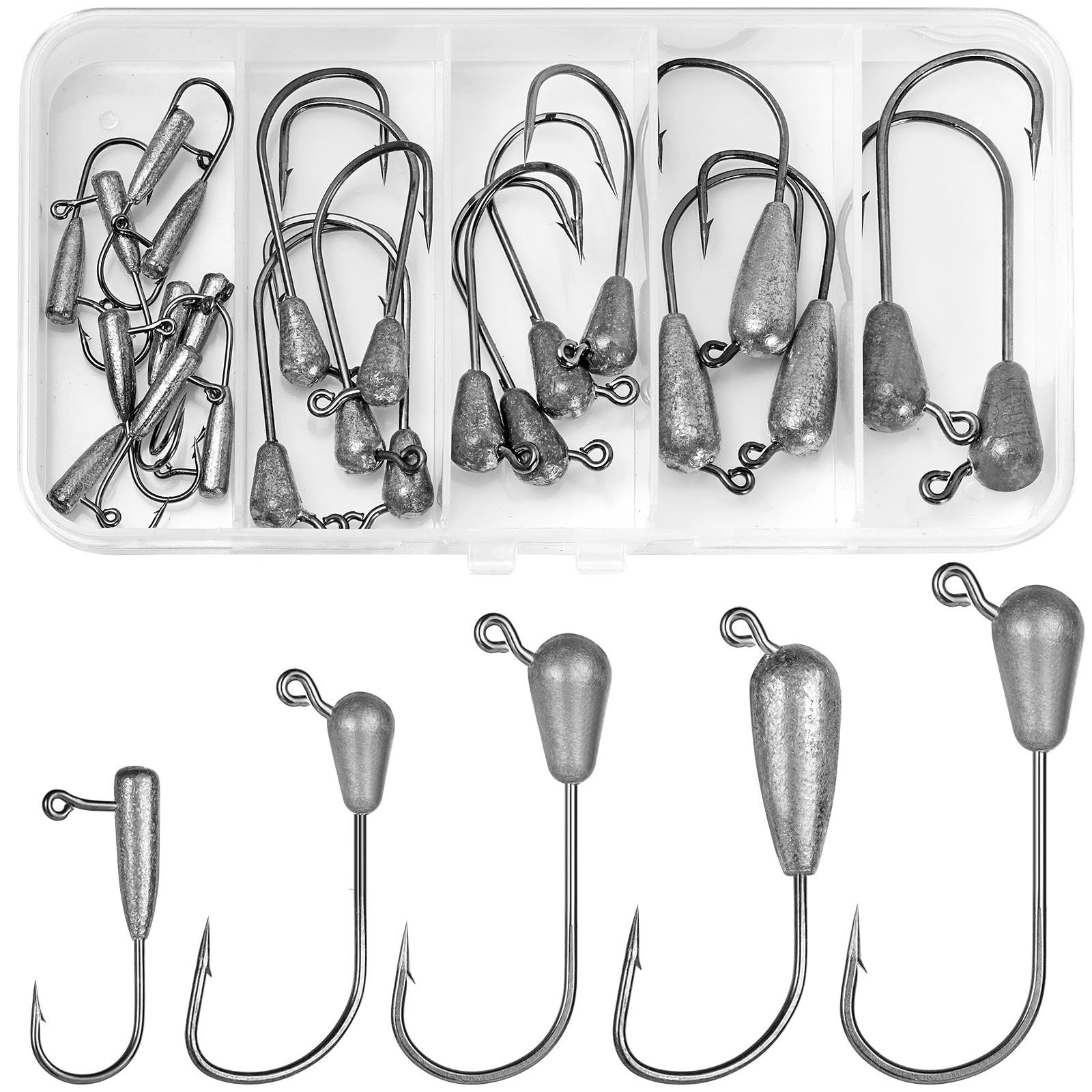 24 Pcs/5 Tailles Têtes Plombées Crochets Kit de Hameçons de Pêche, (9/6/4.5/3/1.5 g) Têtes de Jig Tubulaire avec Hameçons Petites de Plomb Petites Têtes Jig Set pour Leurres de Pêche Souples