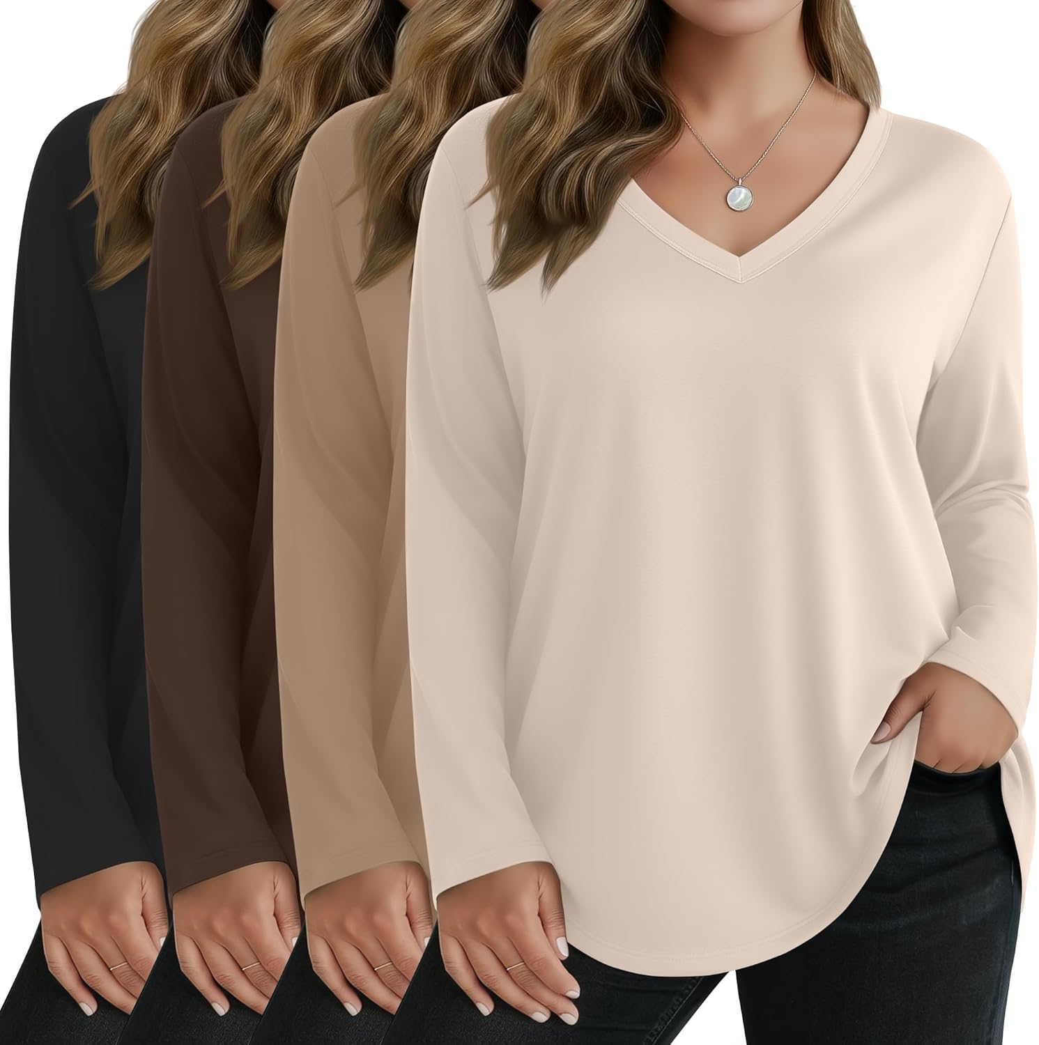 4 Pack Women's Plus Size T Shirts Long Sleeve V Neck Tops Basic Loose Fit Curved Hem Tunic Clothes