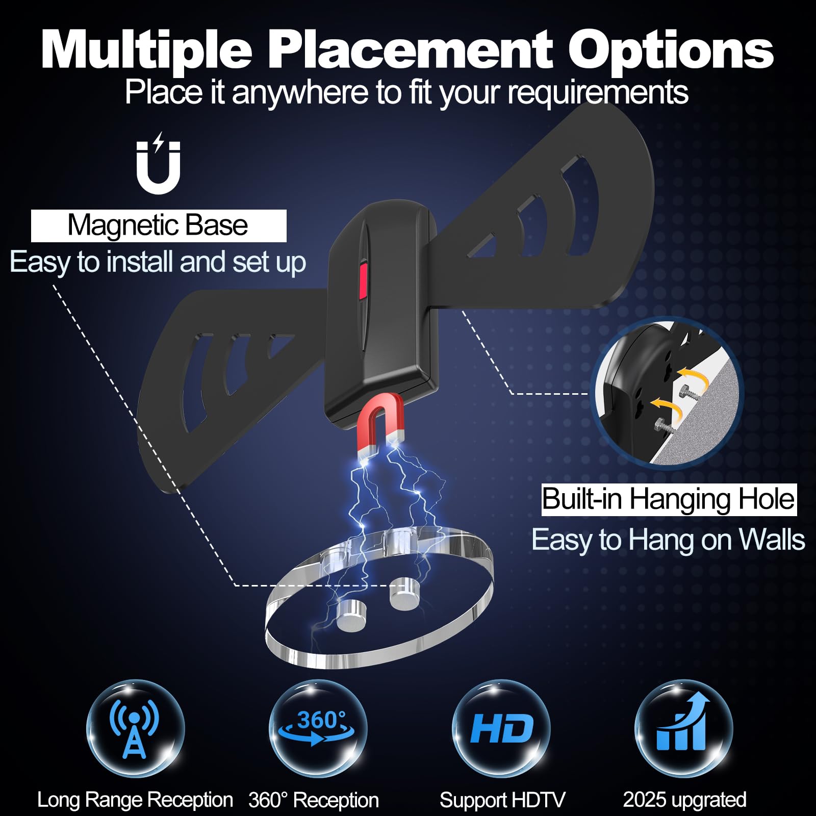 Antena de TV 2026 para Smart TV, antena digital de recepción de 360° de largo alcance con base magnética para canales locales en interiores y exteriores, soporta 4K 1080p, cable de 9.84 pies, fácil