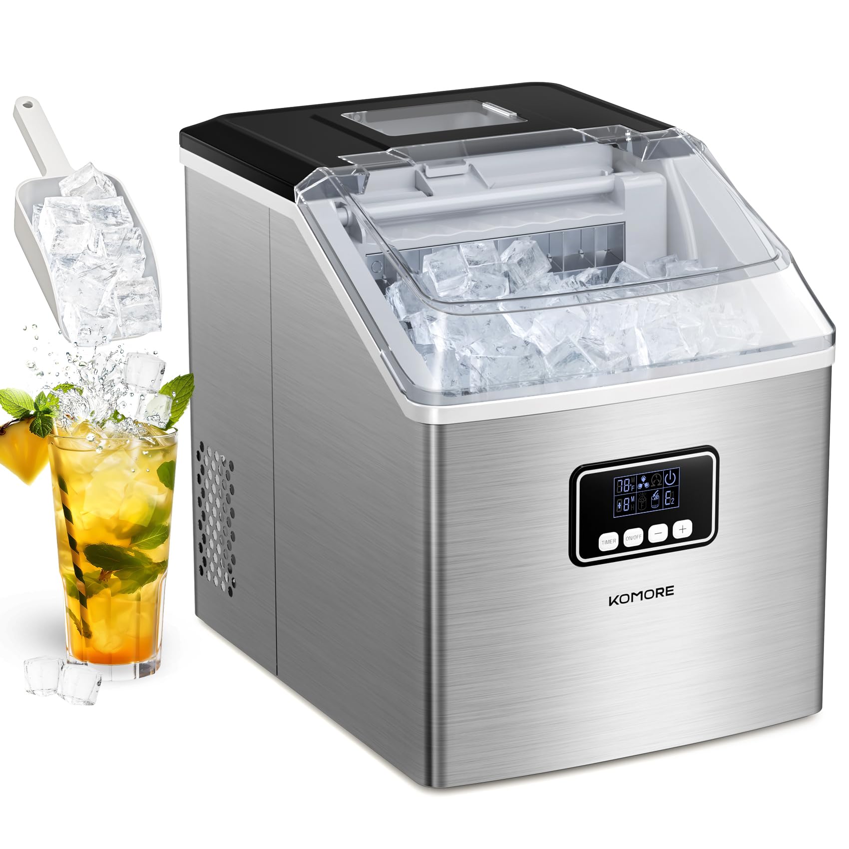 Macchina per il ghiaccio, in acciaio inox, 20 kg/giorno, 24 pezzi, pronta in 13 minuti, macchina per il ghiaccio autopulente, con paletta e cestino, display a LED, timer 24H, portatile, per