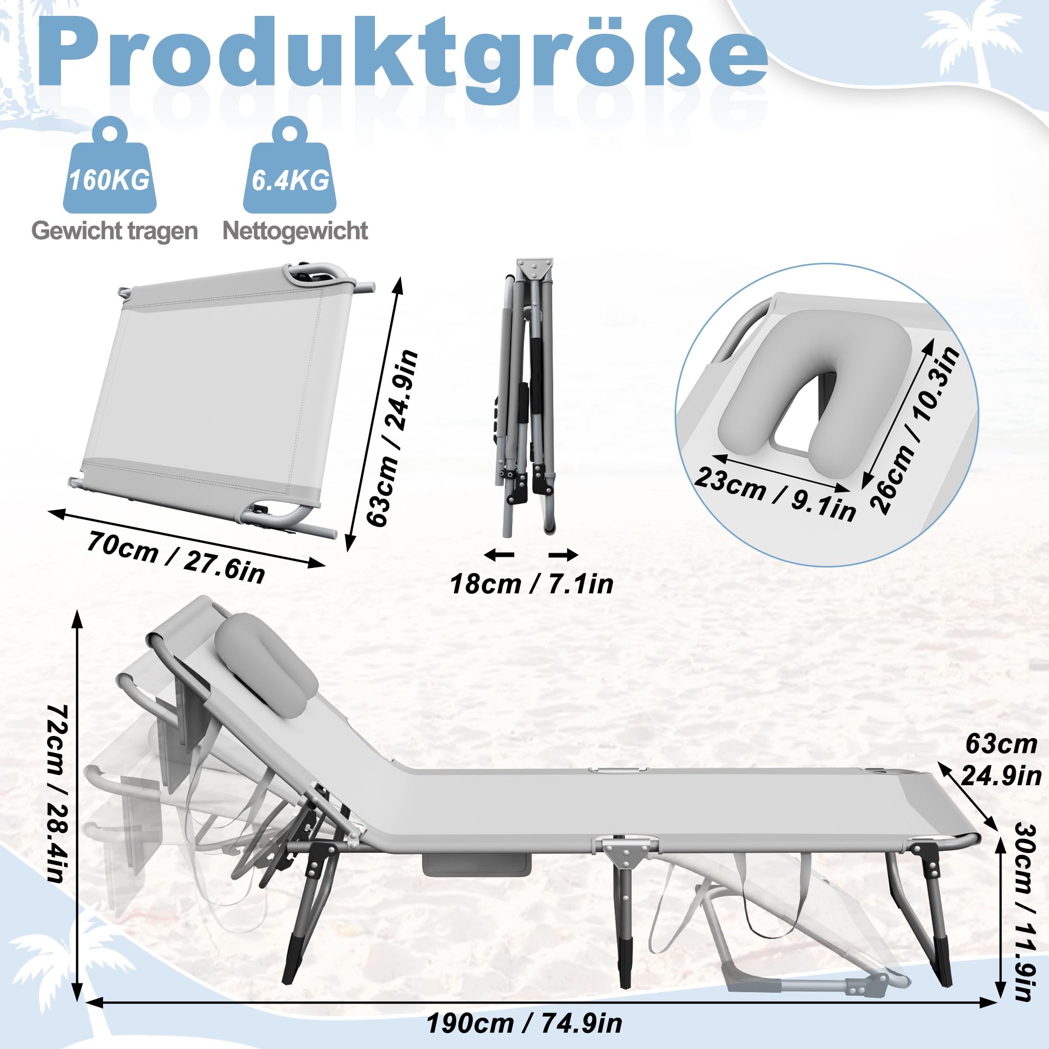 UISEBRT Faltbarer Sonnenliege 190cm – 4-Fach verstellbar Gartenliege mit Gesichtsausschnitt & abnehmbarem Kopfkissen,Liegestuhl belastbar bis 160kg mit Seitentasche für Pool Camping Terrasse,Hellgrau
