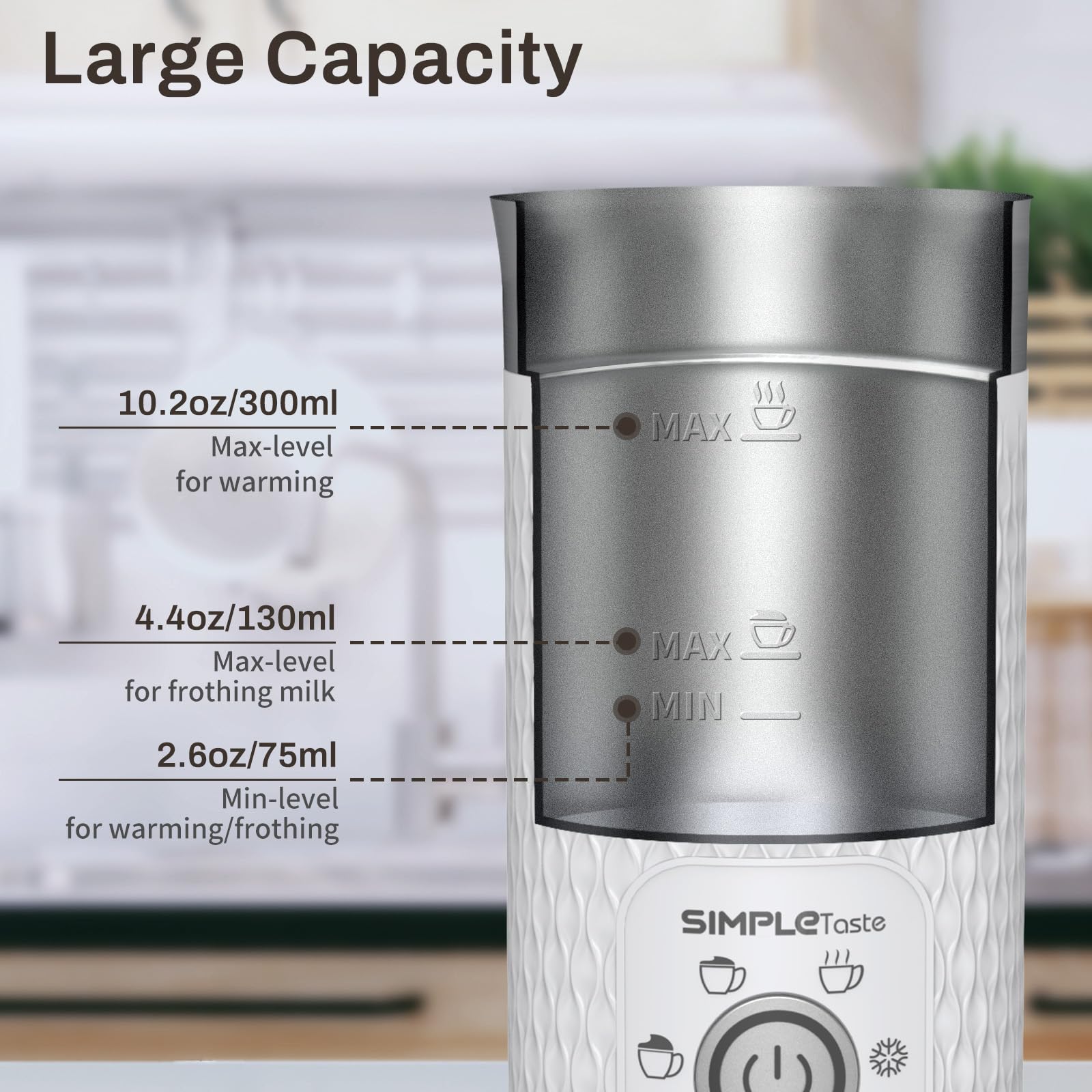 SIMPLETASTE Montalatte Elettrico 4 in 1, Cappuccinatore Elettrico per Schiumare Latte Caldo e Freddo, Riscaldare Latte e Preparare Cioccolata Calda, Ideale per Fare Latte, Macchiato e Cappuccino