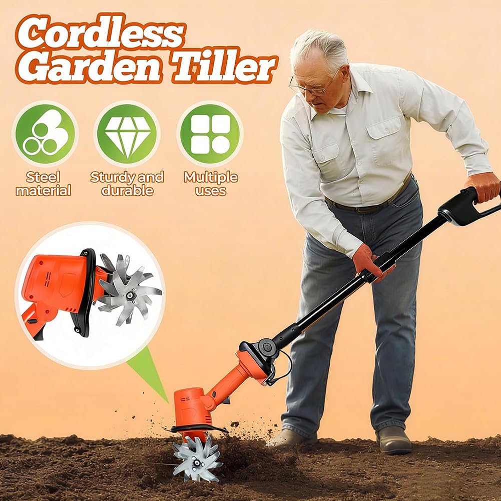 Labrador inalámbrico de 21 V para jardinería, cultivadores eléctricos y cultivadores, rotavador de batería, escarificador de jardín para césped, 360 RPM, ancho de labranza de 5 pulgadas, profundidad