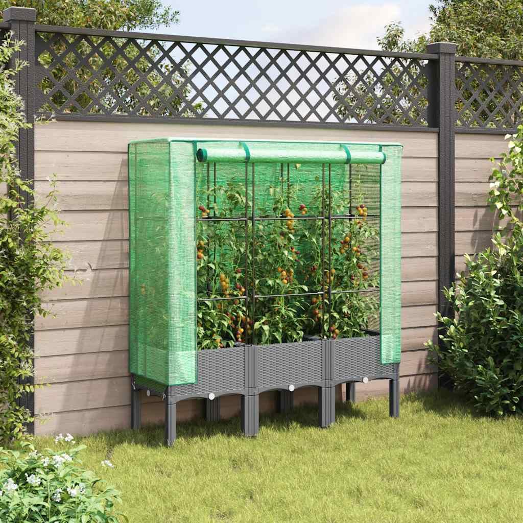 Bancal alto con accesorio de invernadero de aspecto de ratán, 120 x 40 x 140 cm, marco de polipropileno con tubo de hierro, cubierta impermeable, ideal como jardinera para balcón y maceta para jardín