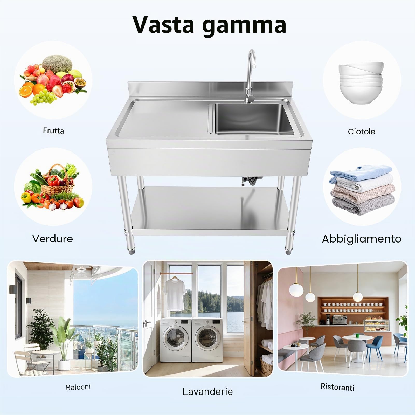 Lavello da cucina in acciaio inox, 1 vasca, professionale, in acciaio inox, autoportante con cestello filtro, per esterni, 100 x 60 x 80 cm