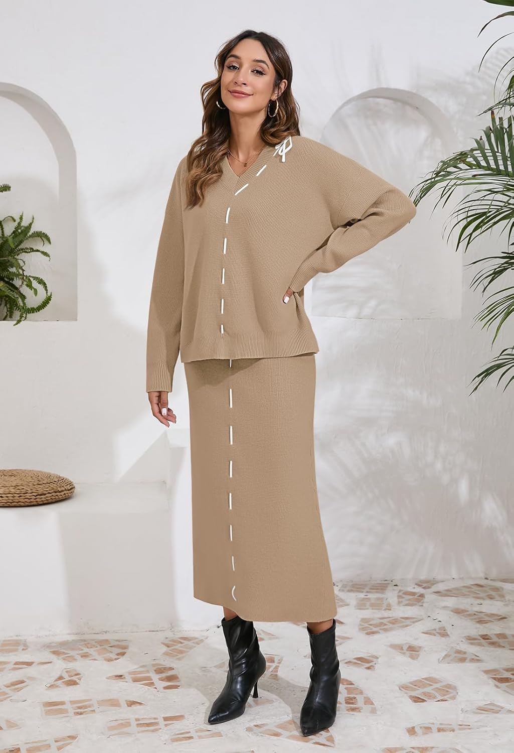 Pink Queen 2025 Women's 2 Piece Sweater Set V Neck Rib Knit Long Sleeve Maxi Bodycon Skirt Casual Outfits - Image 5