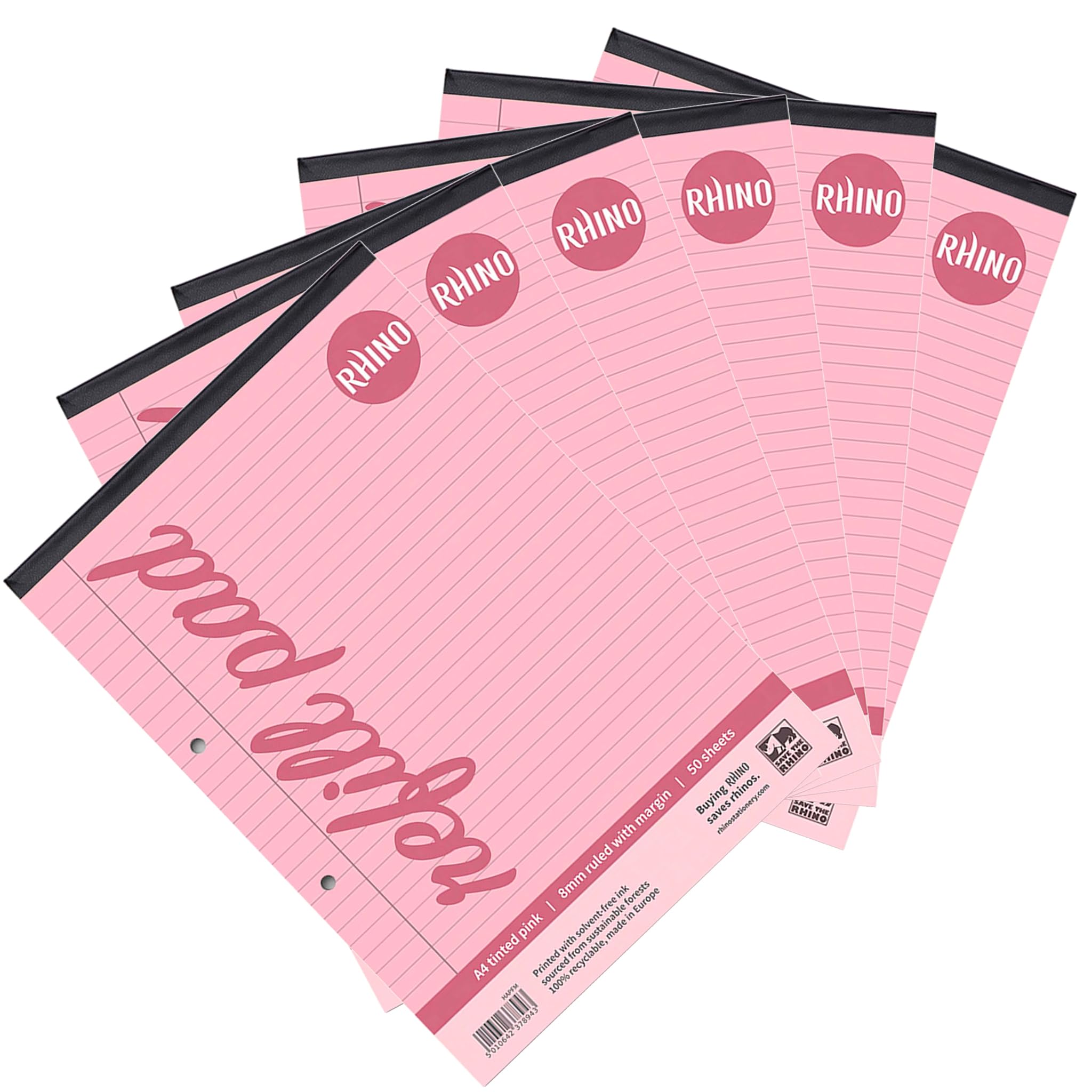 RHINO Lot de 6 blocs de recharge A4, 100 pages/8 mm lignés avec marge, papier à lettre rose ligné pour dyslexie et SEN, fournitures de bureau et scolaires