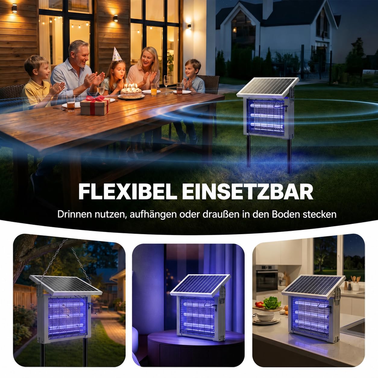 OGERY Solar Insektenvernichter für Außen, 3500V Mückenlampe, IPX4 spritzwassergeschützt, mit Auto Ein/Aus, USB-C & Solarbetrieb, für Garten, Terrasse, Garage & Camping