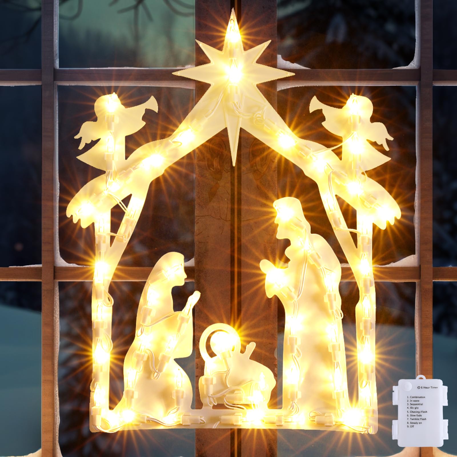 Quntis Nacimiento Luces Ventana Navidad 50LED, con 2 Ganchos 8 Modos Impermeables iP44 Función de Memoria Nacimiento Silueta Luces Adorno para Interior, Ventana, Pared, Escaparate, Blanco Cálido