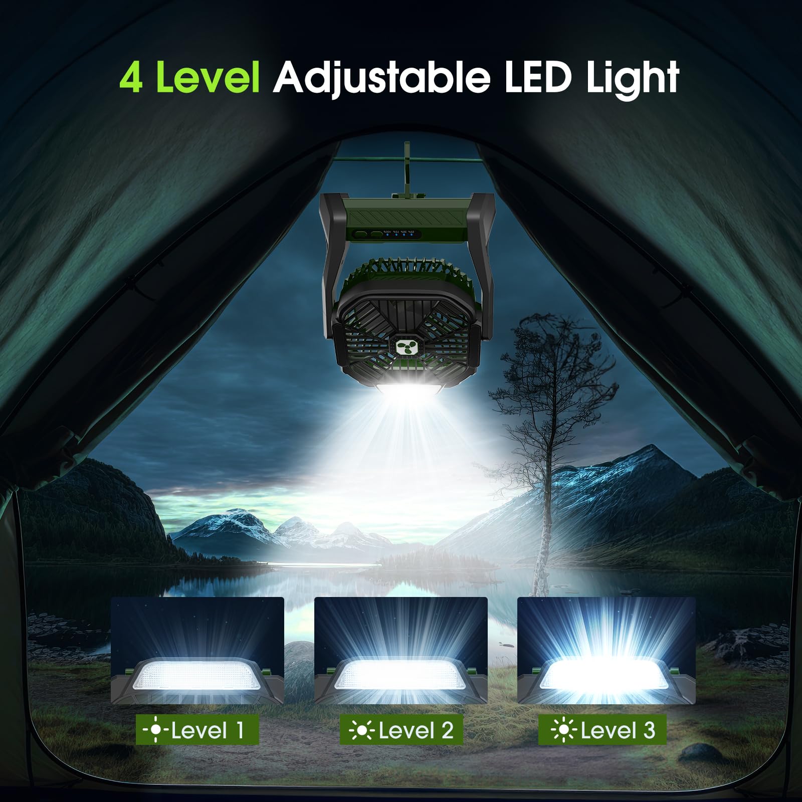 Batteriebetriebener Ventilator 20000mAh Kabellos, Wiederaufladbarer Tragbarer Ventilator mit LED-Laterne, USB-C-Akku Tischventilator, Campingventilator für Reisen Strand Green
