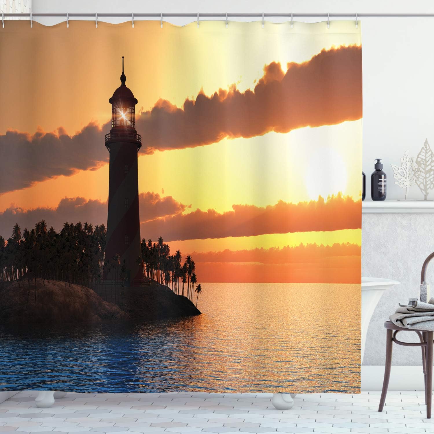 Ambesonne Lighthouse Shower Curtain, Sunset Lighthouse on Island in Sea Exotic Plants Trees Relaxation Resort, Cloth Fabric Bathroom Decor Set with Hooks, 69" W x 70" L, Brown Orange